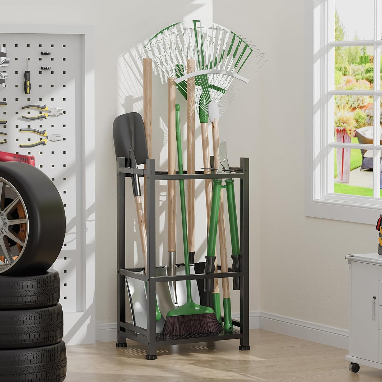 Dirza Garden Tool Organizer,Yard Tool Organizer for Garage Organization and Storage,Garden Tool Rack with 9 Loops for Garage, Shed, Outdoor,Easy Take Out and Storage,Will NOT tip over