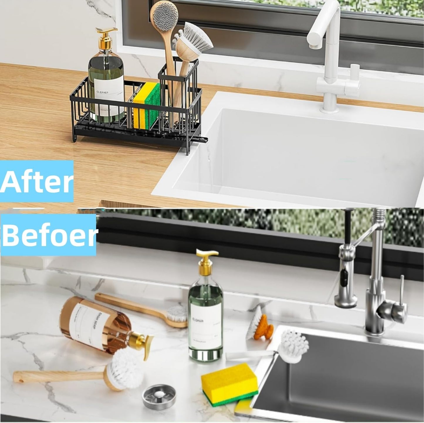 Sponge Holder for Kitchen Sink, Stainless Steel Sink Caddy with Auto Drain Tray, Kitchen Organizer with Towel Brush Holder for Countertop, Soap Dispenser Storage Accessories (Black Large)