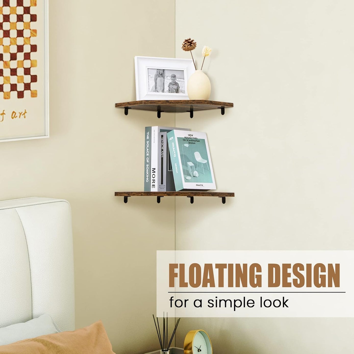 Corner Shelf Wall Mount, Floating Corner Shelves, Set of 2 Corner Wall Shelf Organizer, Rustic Wood Wall Storage Display Shelves for Living Room Bedroom Bathroom Kitchen, Rustic Brown