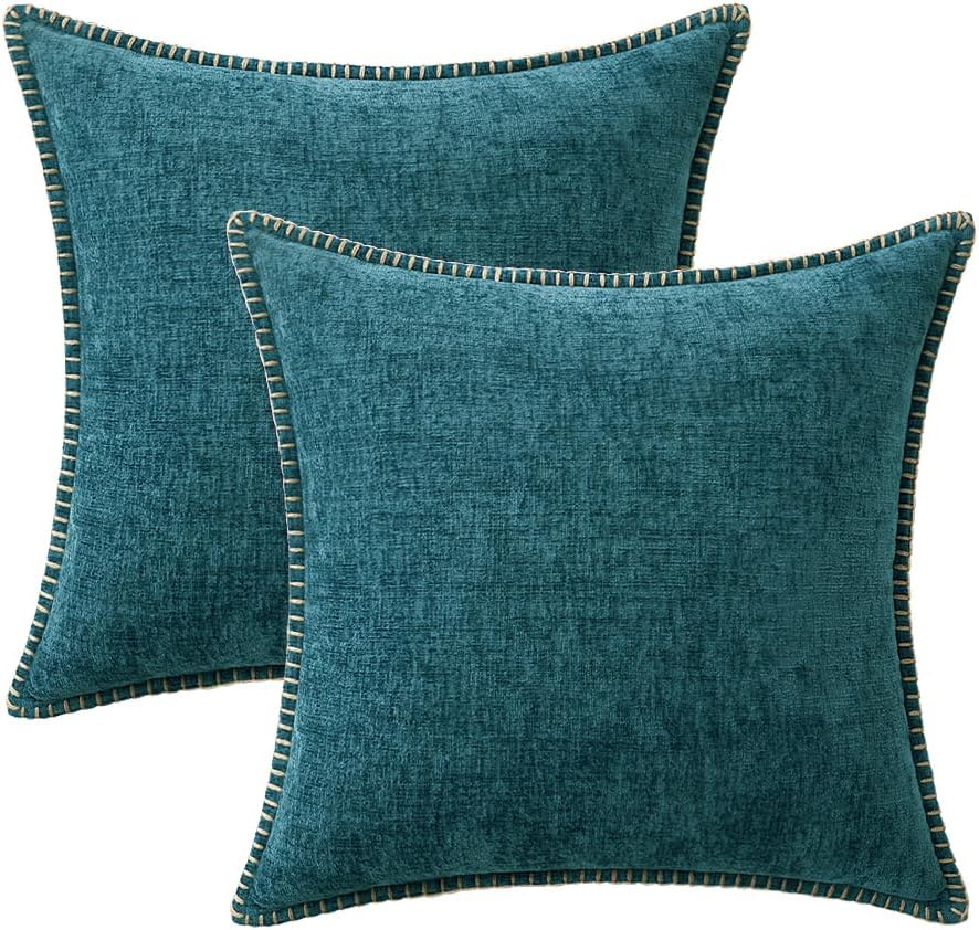 MIULEE Pack of 2 Couch Throw Pillow Covers 16x16 Inch Dark Teal Farmhouse Decorative Pillow Covers with Stitched Edge Soft Chenille Solid Dyed Spring Pillow Covers for Sofa Bed Living Room