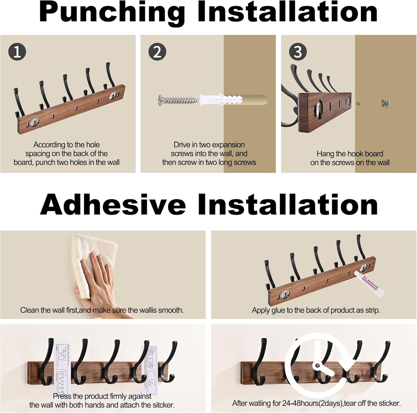 2 Pack 17.3" Small Wooden Coat Rack Wall Mounted with 5 Hooks, Entryway Wall Hooks Coat Hanger for Hanging Towel Clothes Hat Backpack Shoe Purse Key Holder Multi Hook Rail by Black Walnut Wood