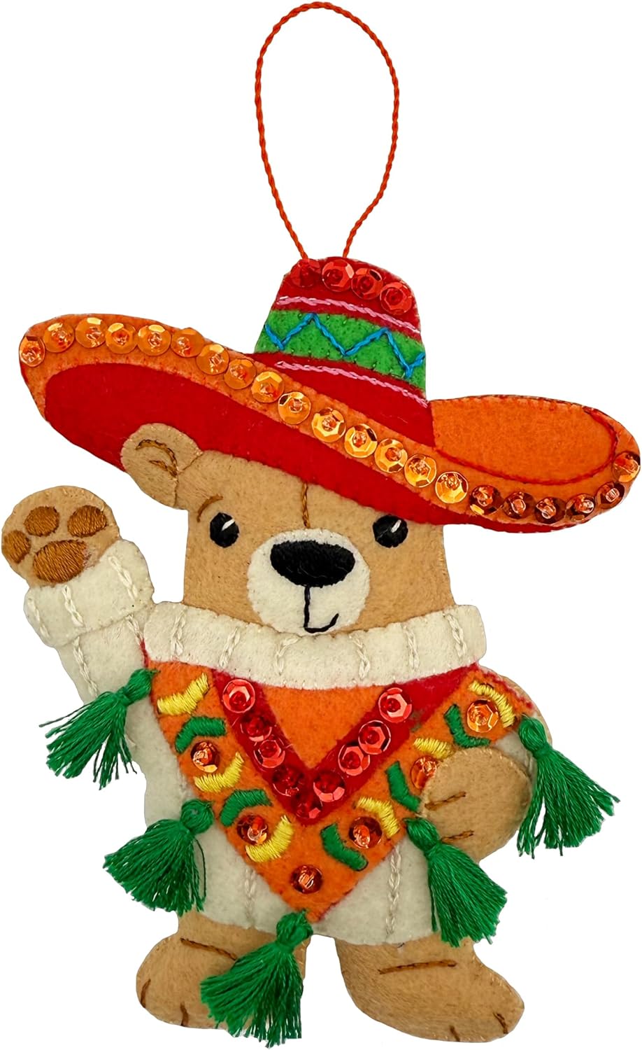 Cinco de Mayo Felt Bear Ornament Kit โ Handmade Felt Christmas Decoration โ Embroidered Sombrero Bear with Sequins and Tassels โ Mexican Fiesta Theme