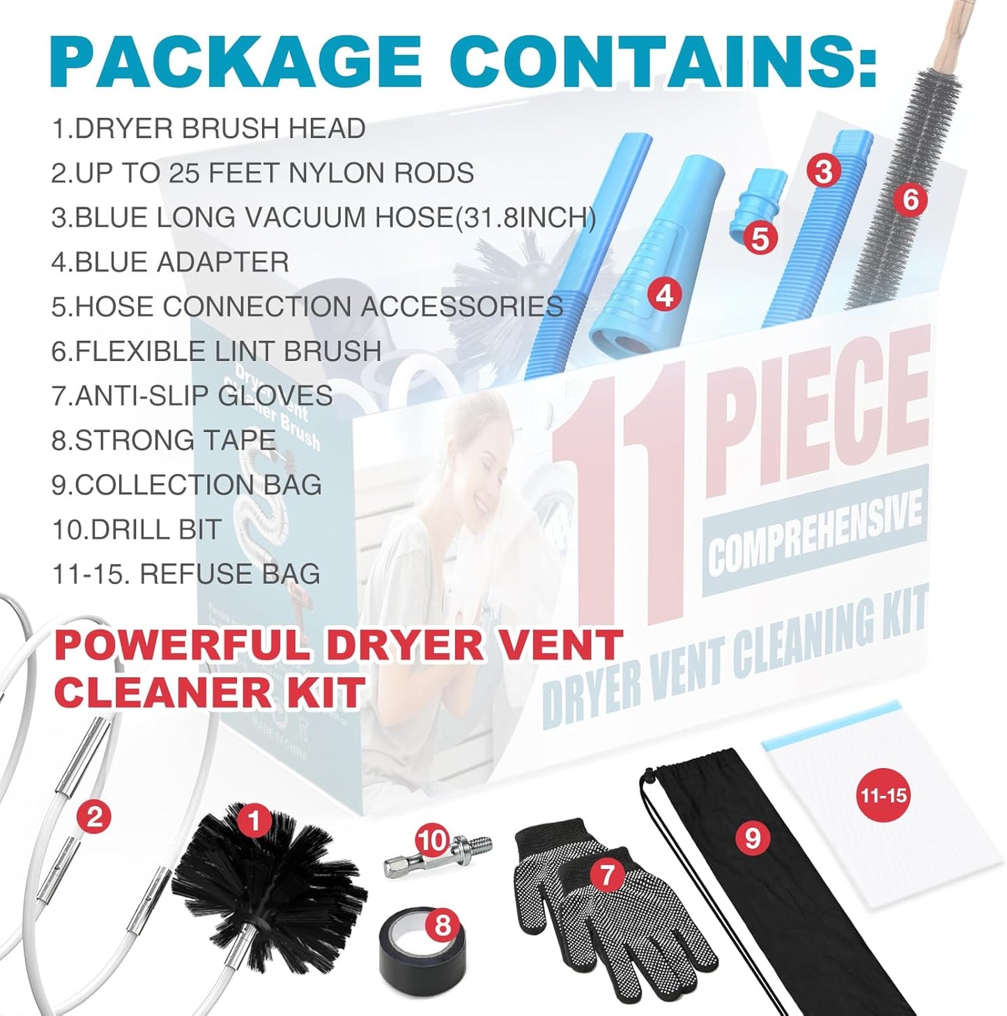 Sealegend 15-Piece 25-Feet Dryer Vent Cleaner Kit, Dryer Cleaning Tools, Omnidirectional Dryer Lint Vacuum Attachment, Dryer Vent Brush, Universal Vacuum & Dryer Adapters (Blue)