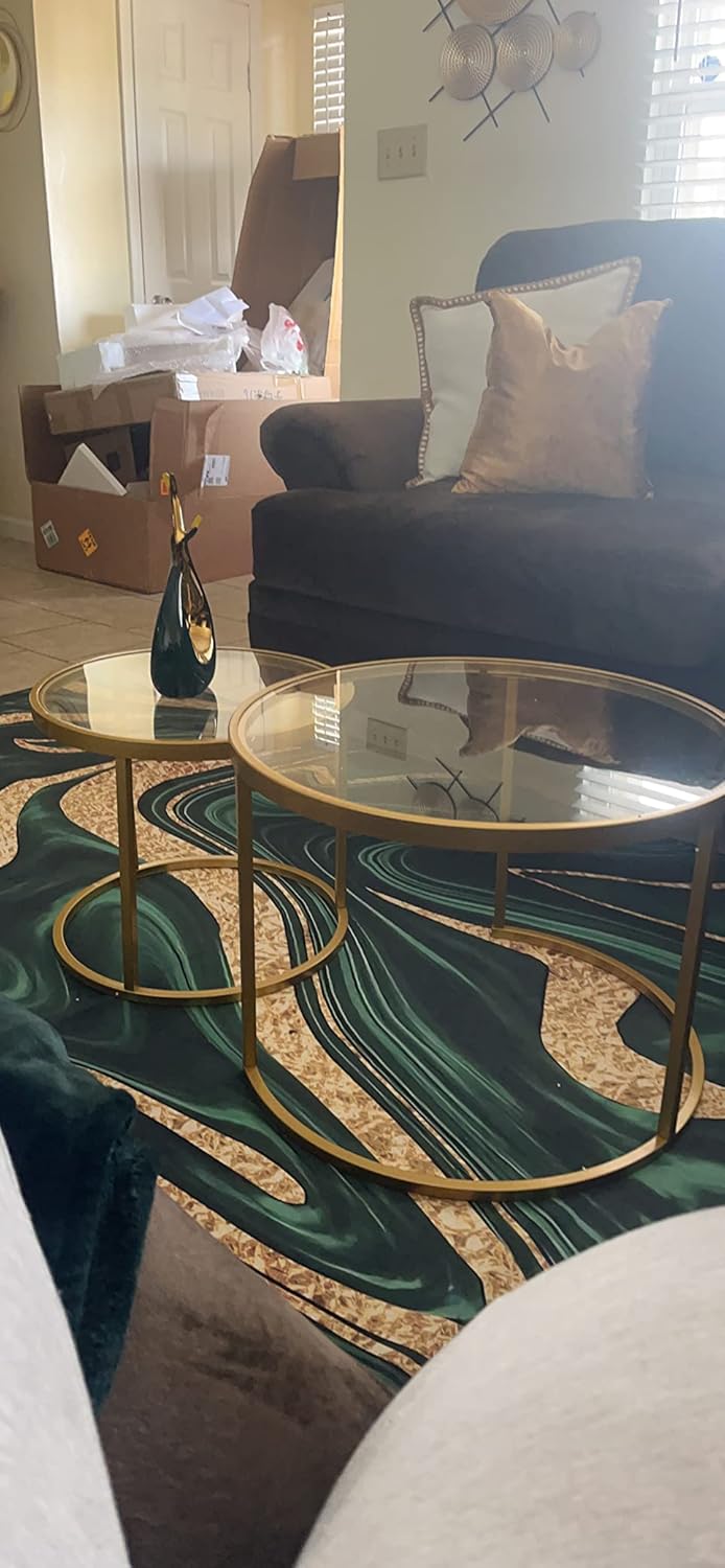 Round Nesting Coffee Table Gold Set of 2 for Living Room, Modern Side Tables with Sturdy Metal Frame and Tempered Glass.Minimalist End Table,Cocktail Table for Dining Room,Home Decor