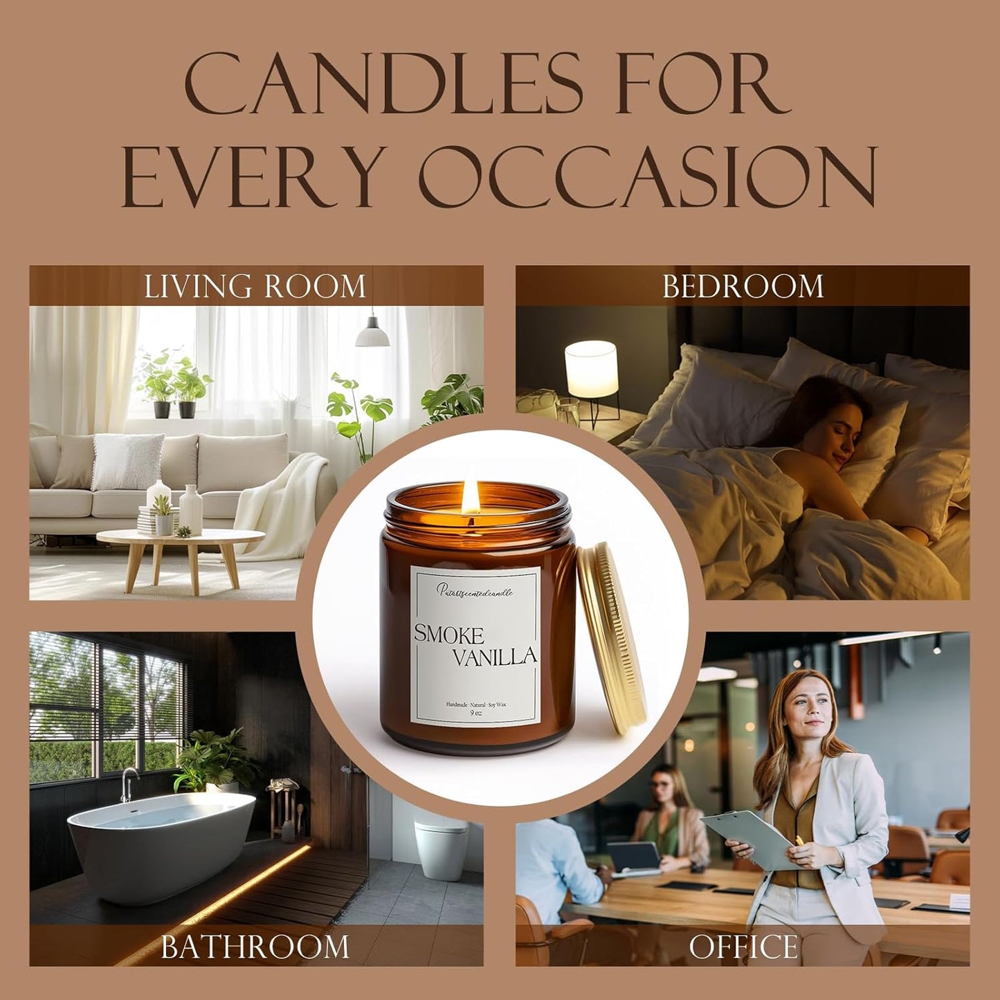 Somke Vanilla Scented Candles for Home, 9oz Natural Soy Wax Aromatherapy Organic Vanilla Candle for Stress Relief, Long Burning & Lasting Jar Candle Gifts for Birthday, Christmas, Thanksgiving