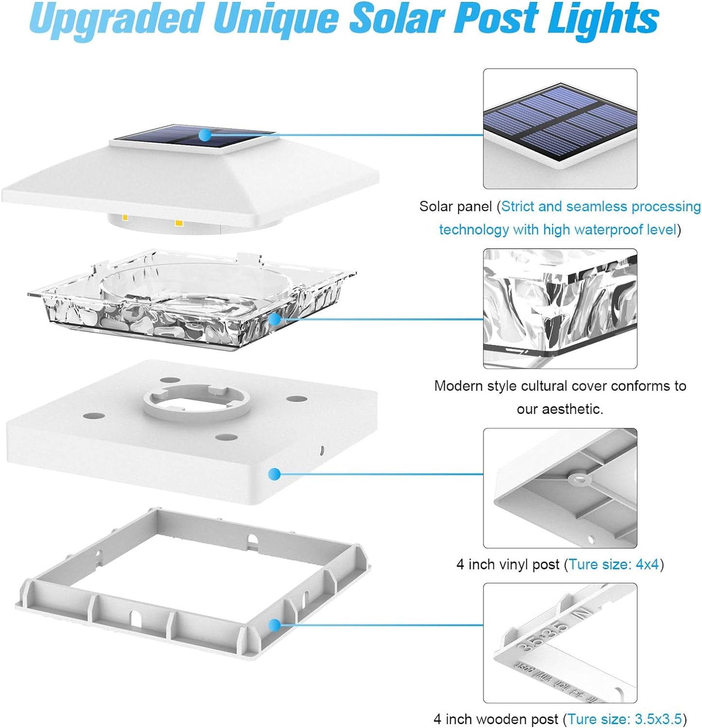 VOLISUN 4x4 Solar Post Cap Light 16pack,Solar Fence - Cap Lights Outdoor Waterproof for Wooden/Vinyl Post, White Deck Post Light Solar Powered with Warm White for Garden/Patio/Porch