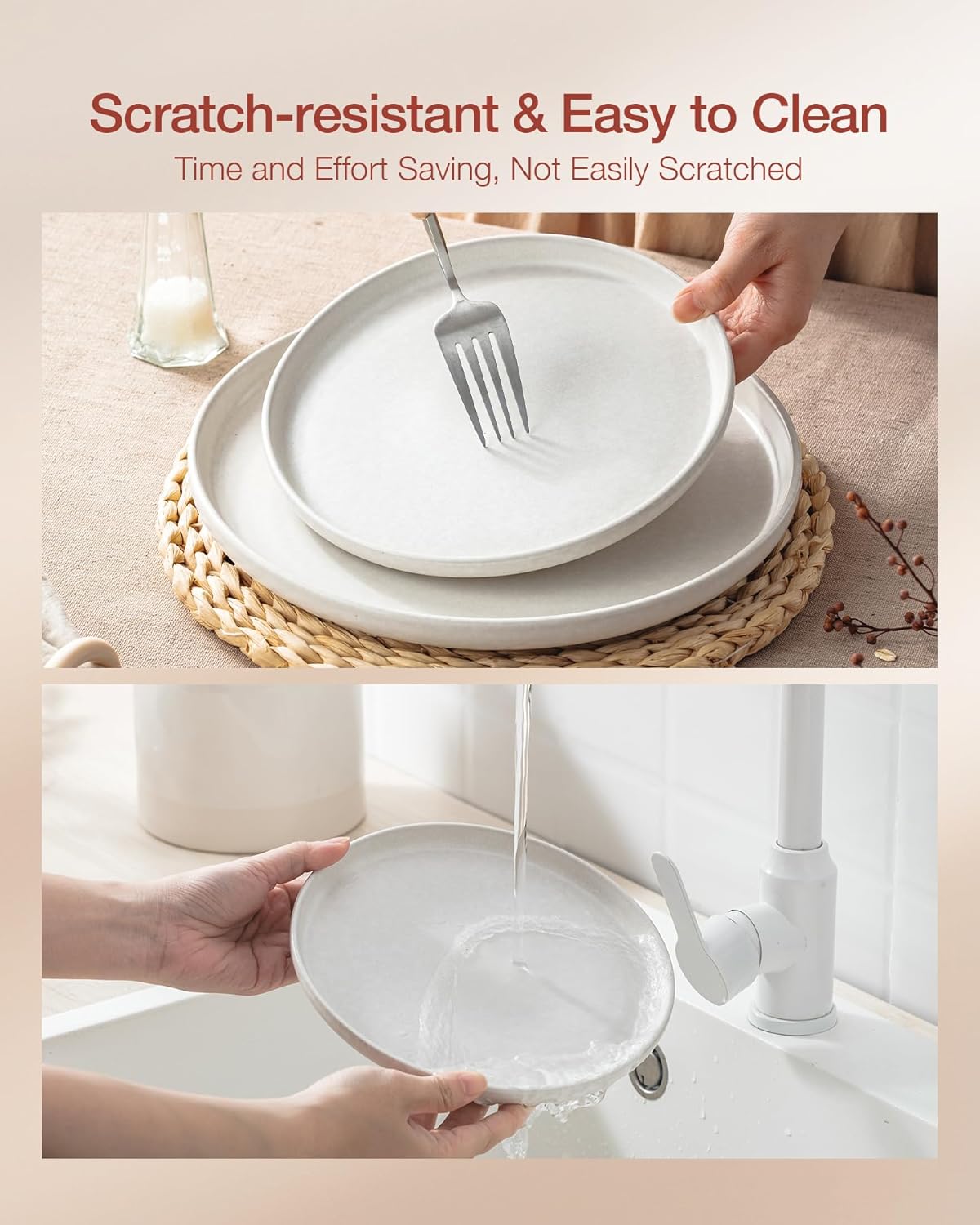 Famiware Milkyway Stoneware Dinnerware Sets with Pasta Bowls, Service for 4 (16 Pieces), Reactive Glaze Plates and Bowls Sets, Microwave and Dishwasher Safe Dishes Set, Matte White