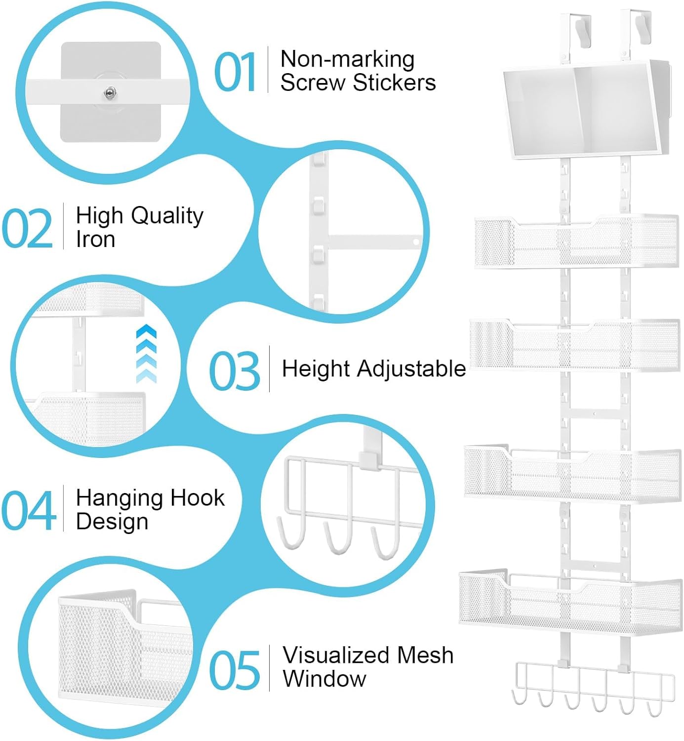 Adjustable Over The Door Organizer, Hanging Door Storage with PVC Pocket and 4 Metal Baskets Wall Mount, Closet Door Organizer Behind Door Rack for Bathroom Bedroom Closet, White