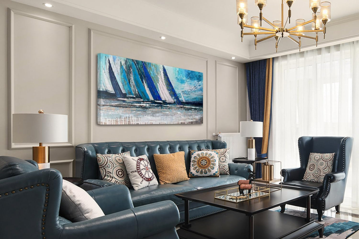 Arjun Blue Abstract Wall Art Canvas Teal Ocean Sailboat Picture Modern Turquoise Coastal Nautical Painting, Extra Large 58"x29" Framed Textured Artwork for Living Room Bedroom Home Office Wall Decor