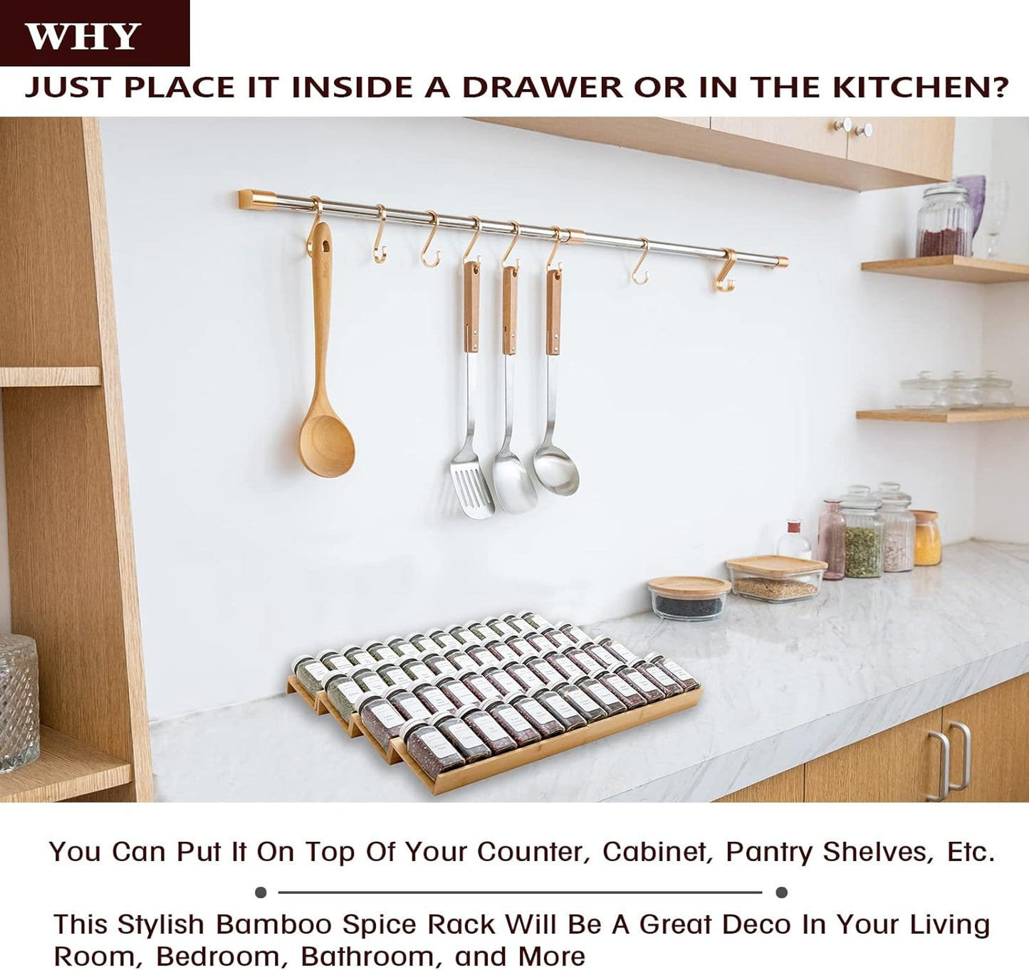 Bamboo Spice Rack Drawer Organizer - 8 Pieces Set- 11" Wide Per Piece - Combine Pieces Into 22" Wide Rack (11" or 22")