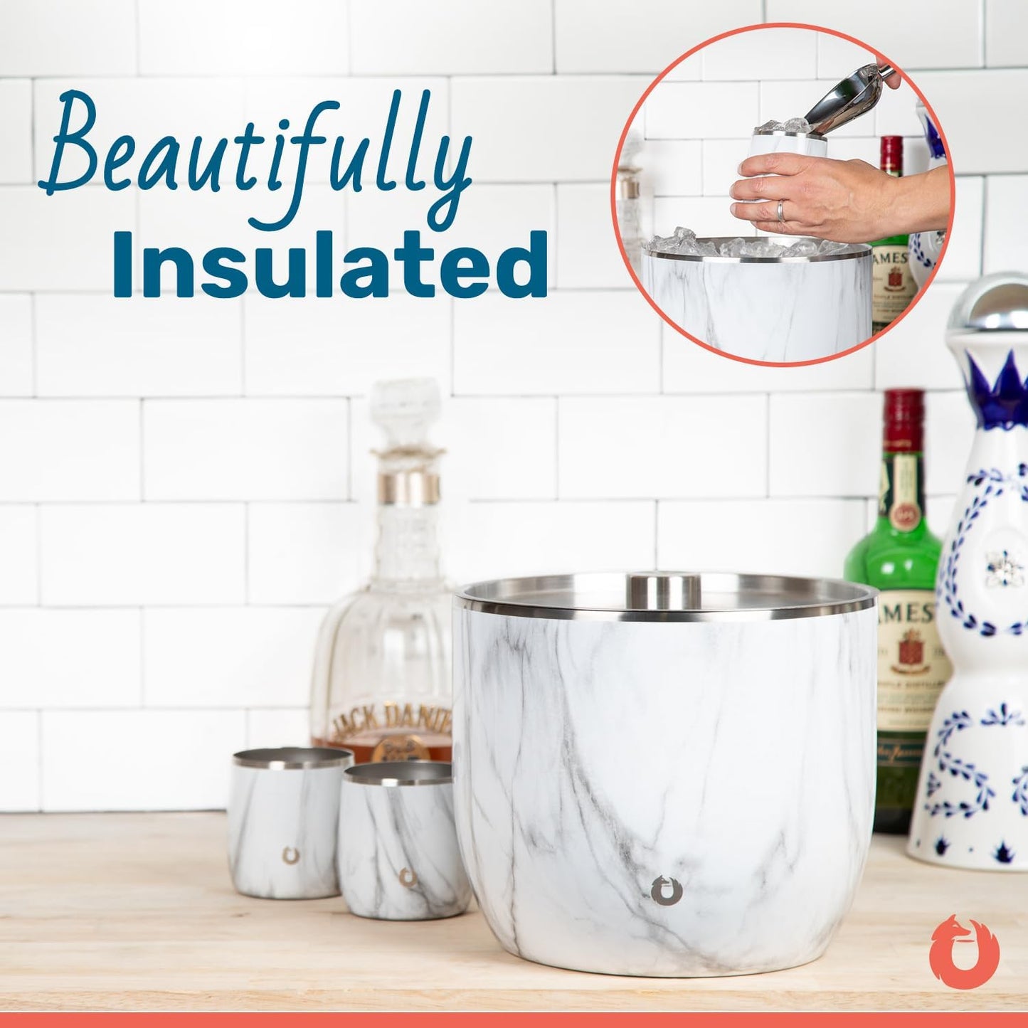 SNOWFOX XL Premium Vacuum Insulated Double Wall Stainless Steel Ice Bucket with Lid/Scoop, Bar Accessories, Large Elegant Party Bucket, Chills Several Bottles,Beautiful Entertaining Supplies,7L,Marble