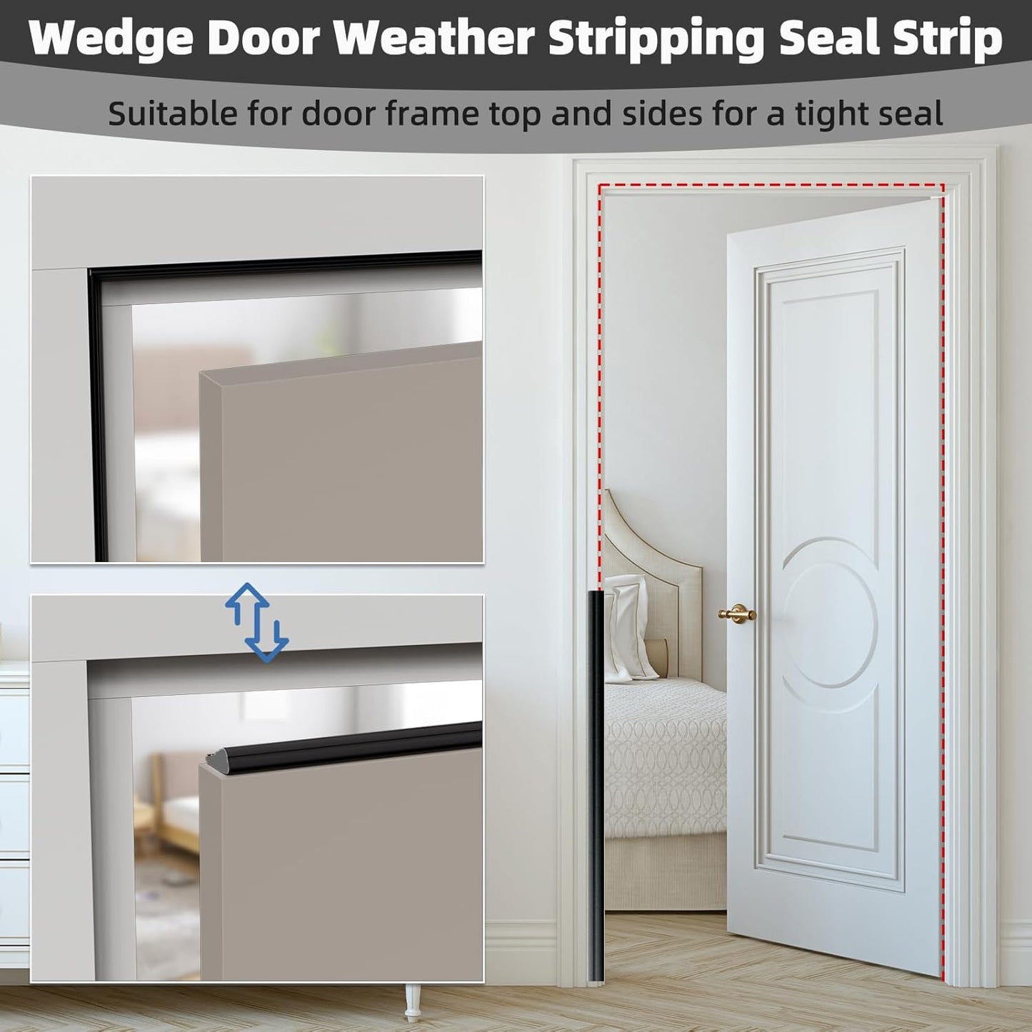 2Pcs×196" Wedge Weather Stripping Door Seal Strip for Door Frame & Window,Self Adhesive Window Insulation Draft Stopper Seal for Winter,Gray Foam Door Gap Filler for Soundproofing Light Blocker,Black