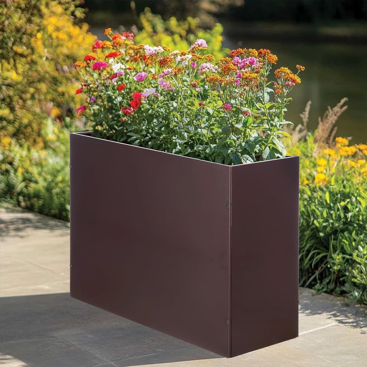 Metal Rectangular Planter Box Tall Planters for Outdoor Plants Modern Heavy Duty with Drainage Holes for Outside Indoor Patio Deck - Brown, 32”x 12”x 24”