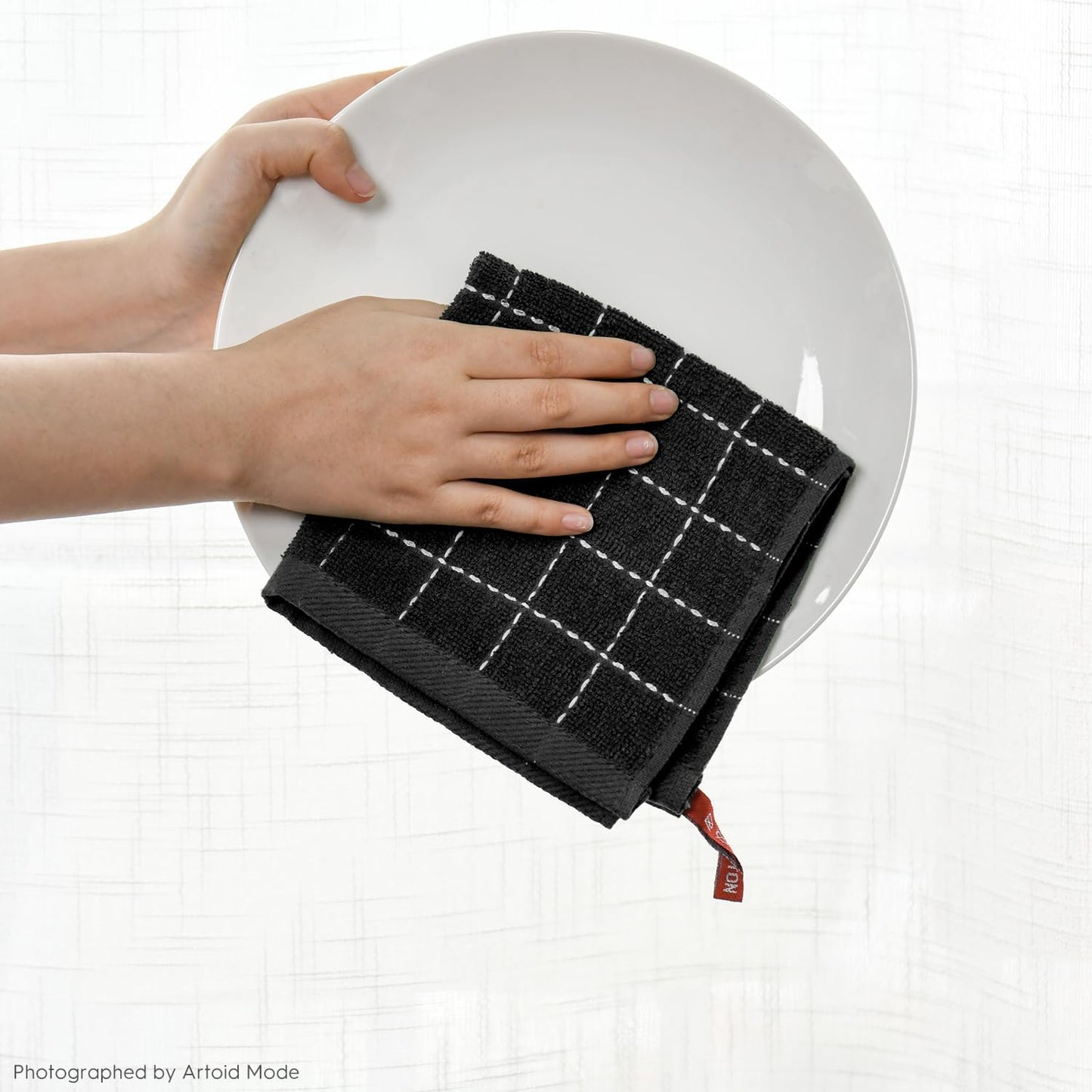 Artoid Mode Checkered Designed Cotton Black Terry Kitchen Dish Cloths, 12x12 Inch Soft Absorbent Quick Drying Cleaning Kitchen Rags Set of 6
