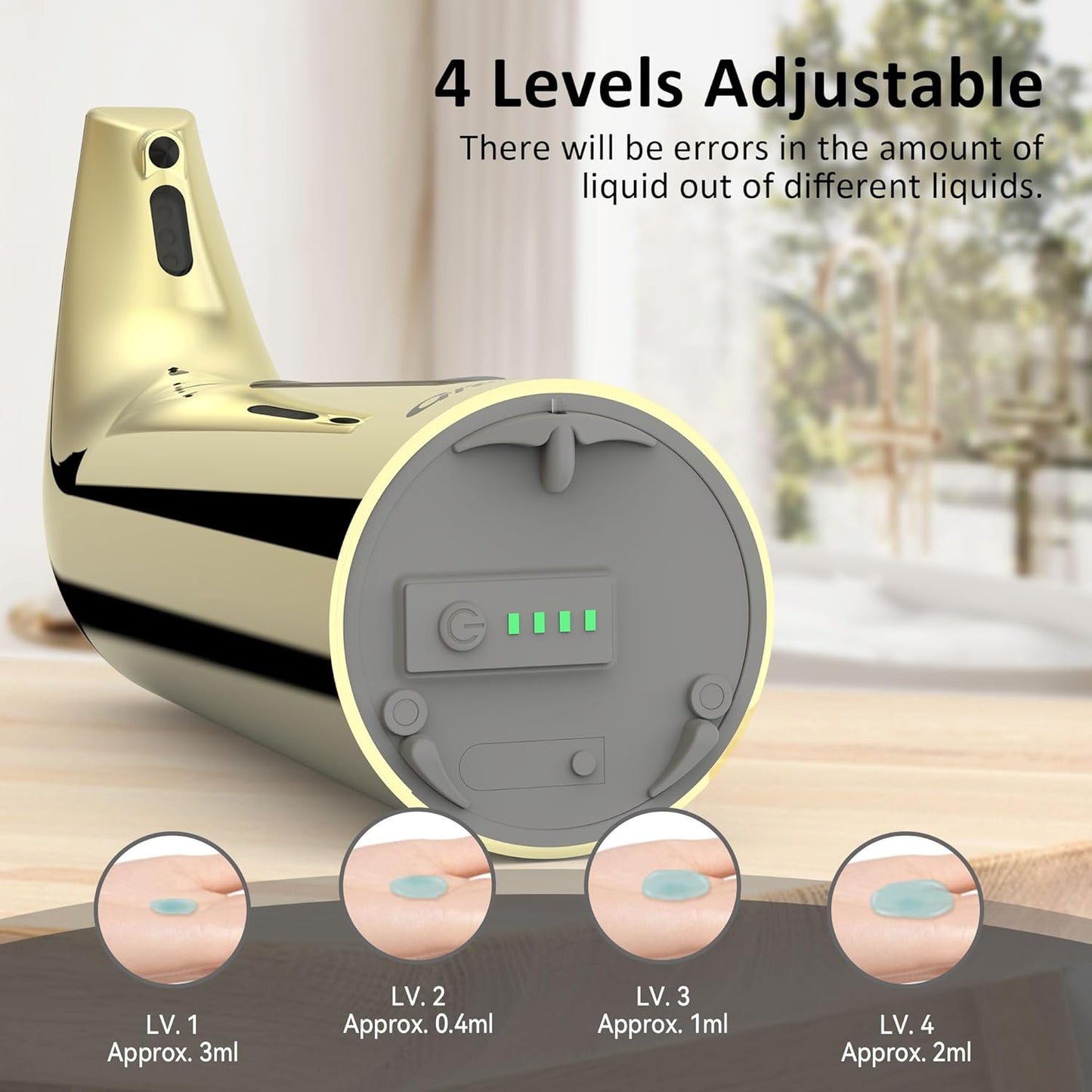 Convenient Automatic Soap Dispenser,4 Adjustable Levels Touchless Hand Sanitizer Pump with Infrared Sensor, 400 ml Countertop Electric Soap Dispenser for Bathroom,Kitchen (Gold2)