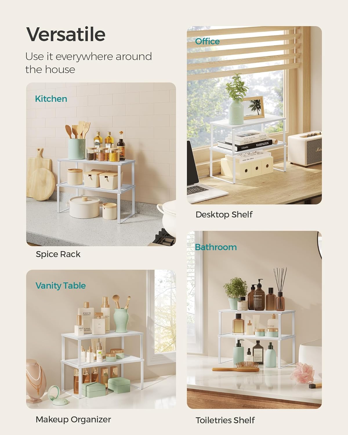 SONGMICS Cabinet Organizer Shelf, Set of 2 Kitchen Counter Shelves, Kitchen Storage, Spice Rack, Stackable, Expandable, Metal and Engineered Wood, Cloud White and Snow White UKCS025W01