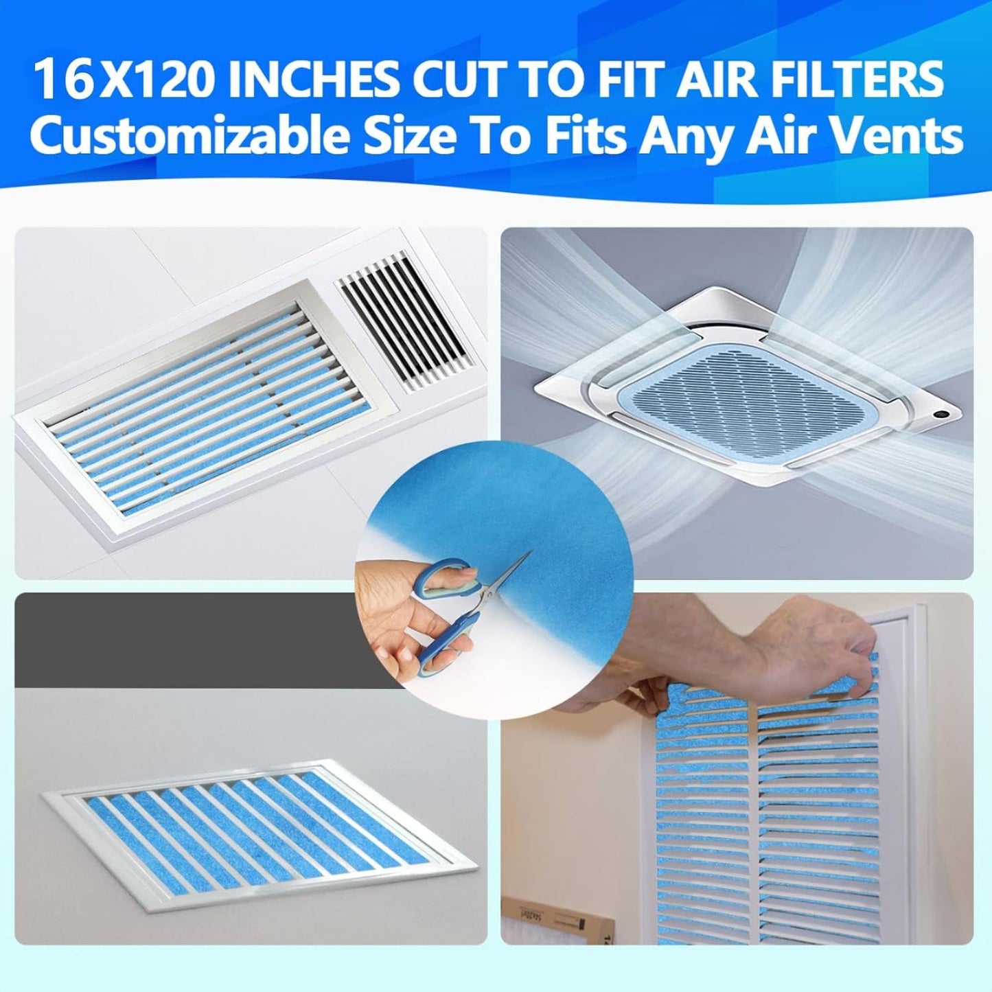 16" x120" Air Vent Filters, Cut to Fit Air Filter (65+ Filters), MERV 8 Triple Vent Filter for Home Floor, Ceiling, RV, HVAC Furnace Vents, With Adhesive Hook Tape and Installation Tape