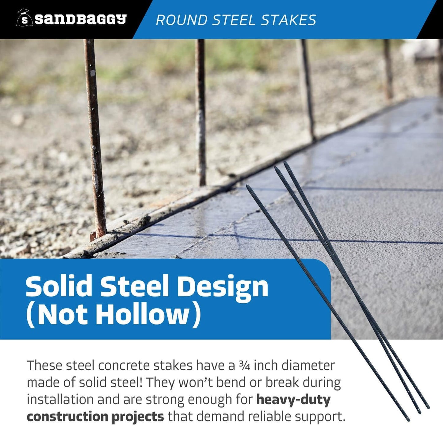 Sandbaggy Round Steel Concrete Form Stakes with Nail Holes - Rust Resistant Coating - Removable, Reusable (5, 3/4 in X 60 in)