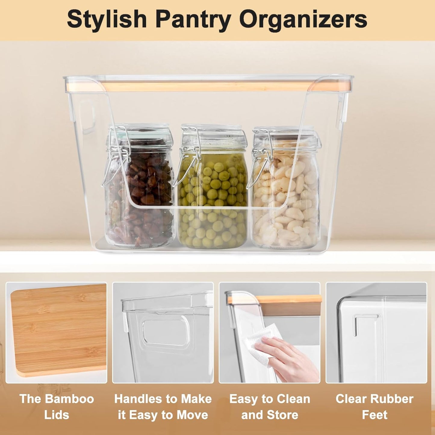 2 Pack Pantry Organizers Storage for Kitchen, Storage Bins with Bamboo Lids, Large Capacity, Clear Stackable Storage Containers forHome, Cabinet, Shelf, Food Storage & Fridge Organization