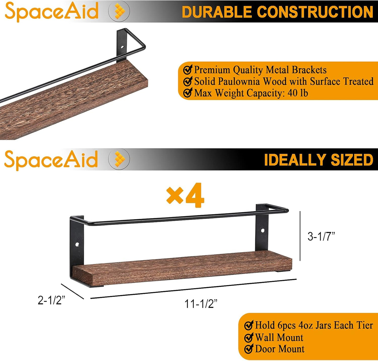 SpaceAid Spice Rack Organizer for Cabinet Door or Wall Mount (4 Pack) with 415 Spice Labels - Wood Hanging Seasoning Shelf for Cupboard Pantry or over the Stove