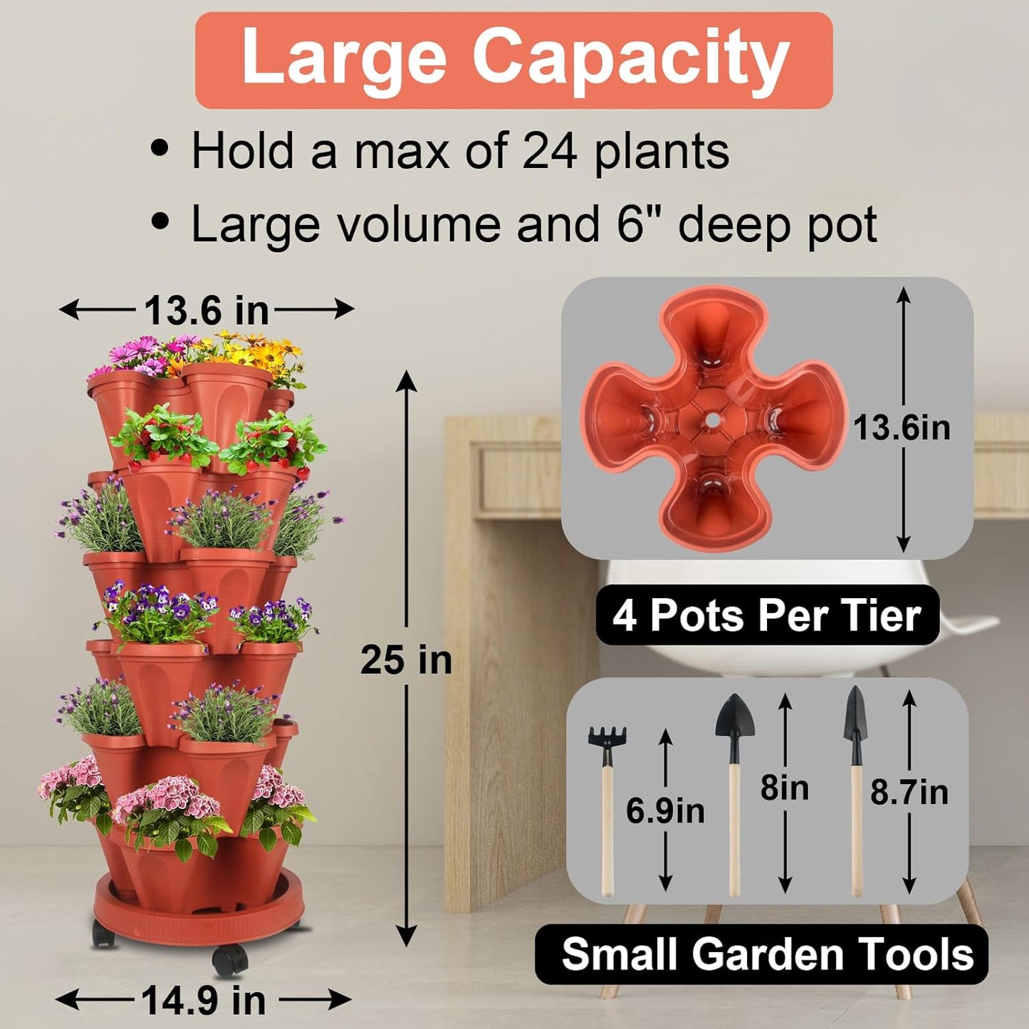 DUNCHATY Stackable Planters 6 Tier Vertical Garden Planting Tower Planters Strawberry, Herb, Flower, and Vegetable Planter Indoor Outdoor Gardening Pots with Removable Wheels and Tools, 2 Bundle