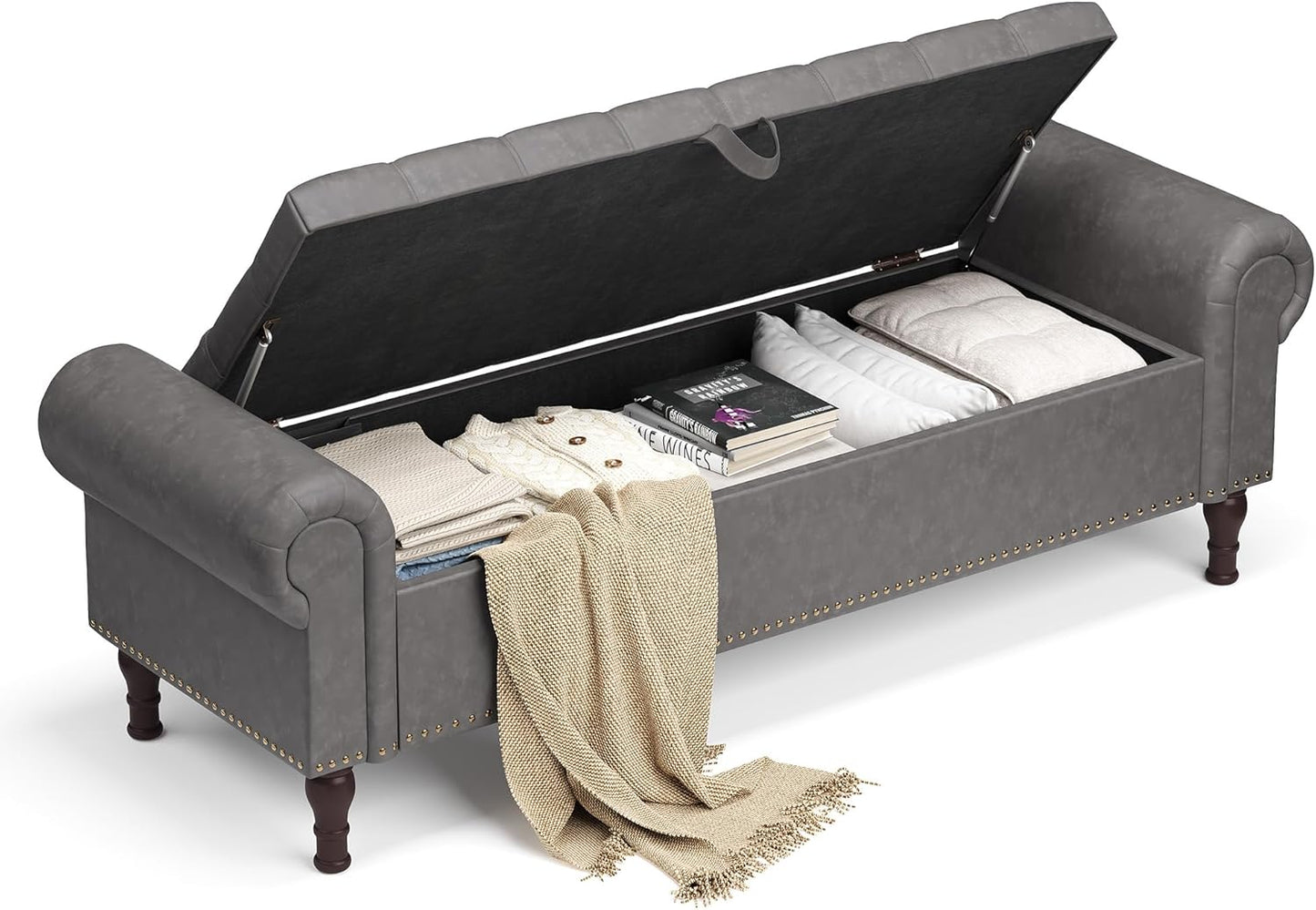 YOUDENOVAn 60”Bench with Storage, Upholstered Tufted Button Window Bench with Plenty Hidden Storage Space,Faux Leather Ottoman Bench for Bedroom, Living Room, Entryway,Grey