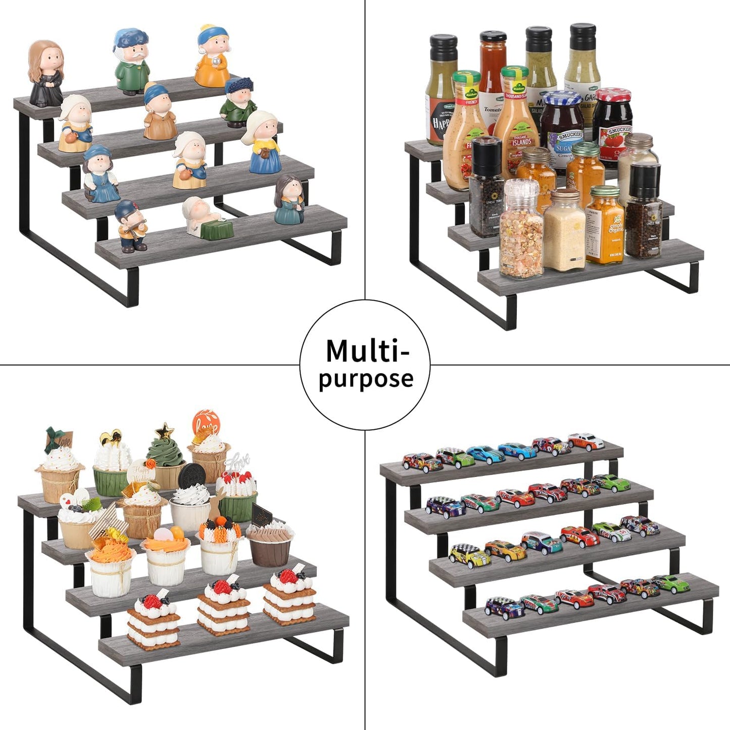 YINMIT Wooden Display Riser Stand, Tiered Perfume and Cologne Organizer Stand, 4 Tier Spice Rack Organizer, Rustic Display Shelf for Candles (4 Tier,2Pack,Grey)