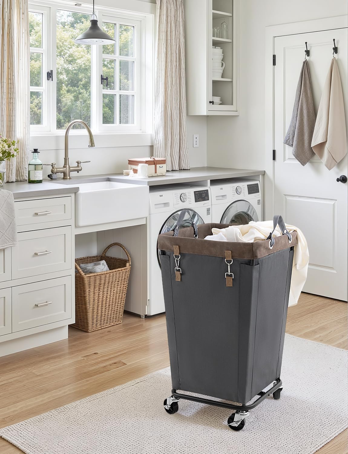 StorageWorks 160L Laundry Basket with Wheels, Large Rolling Hampers for Clothing Organizer, Dirty Clothes Basket for Hotel, Home, Closet, Dorm, Grey