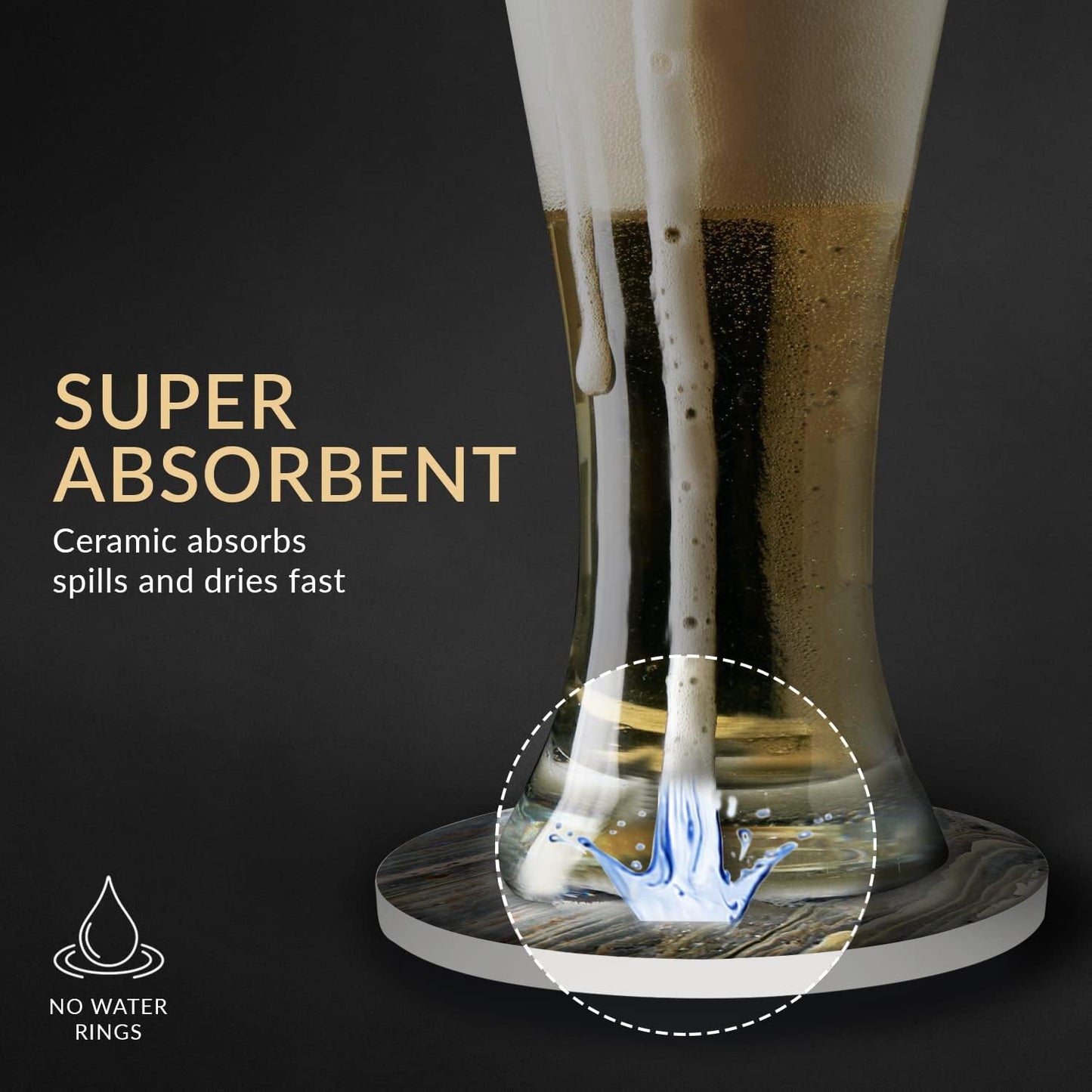 Emerson Coasters for Drinks Absorbent – Natural Stone Drink Coasters Set with Holder, Coasters for Coffee Table, Wooden Tabletop Protection Marble Style – 100% Heavy Duty Set of 6 (Moon)