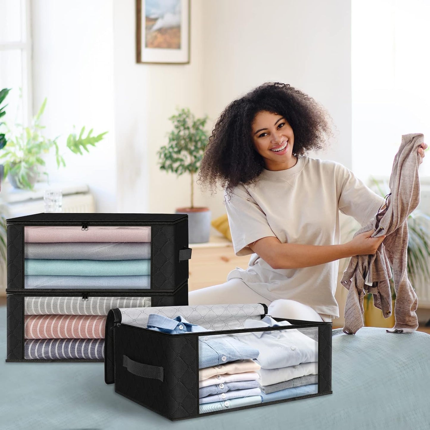 HomeHacks Storage 10-Pack Clothes Organizer Storage Bags Foldable Storage Box with Large Clear Window Sturdy Handles for Closet, Dorm, Pillows, Bedding, Clothes, Blankets, 35L, Black