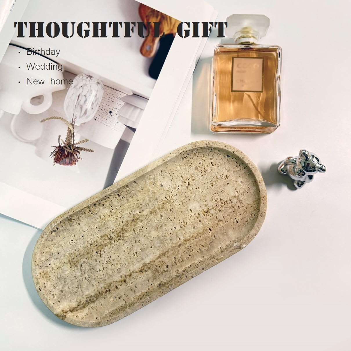 JINGJU Turkish Travertine Oval Tray 10x5 Inches, Natural Stone Decorative Tray for Jewelry, Candle, Bathroom Counter, Coffee Table