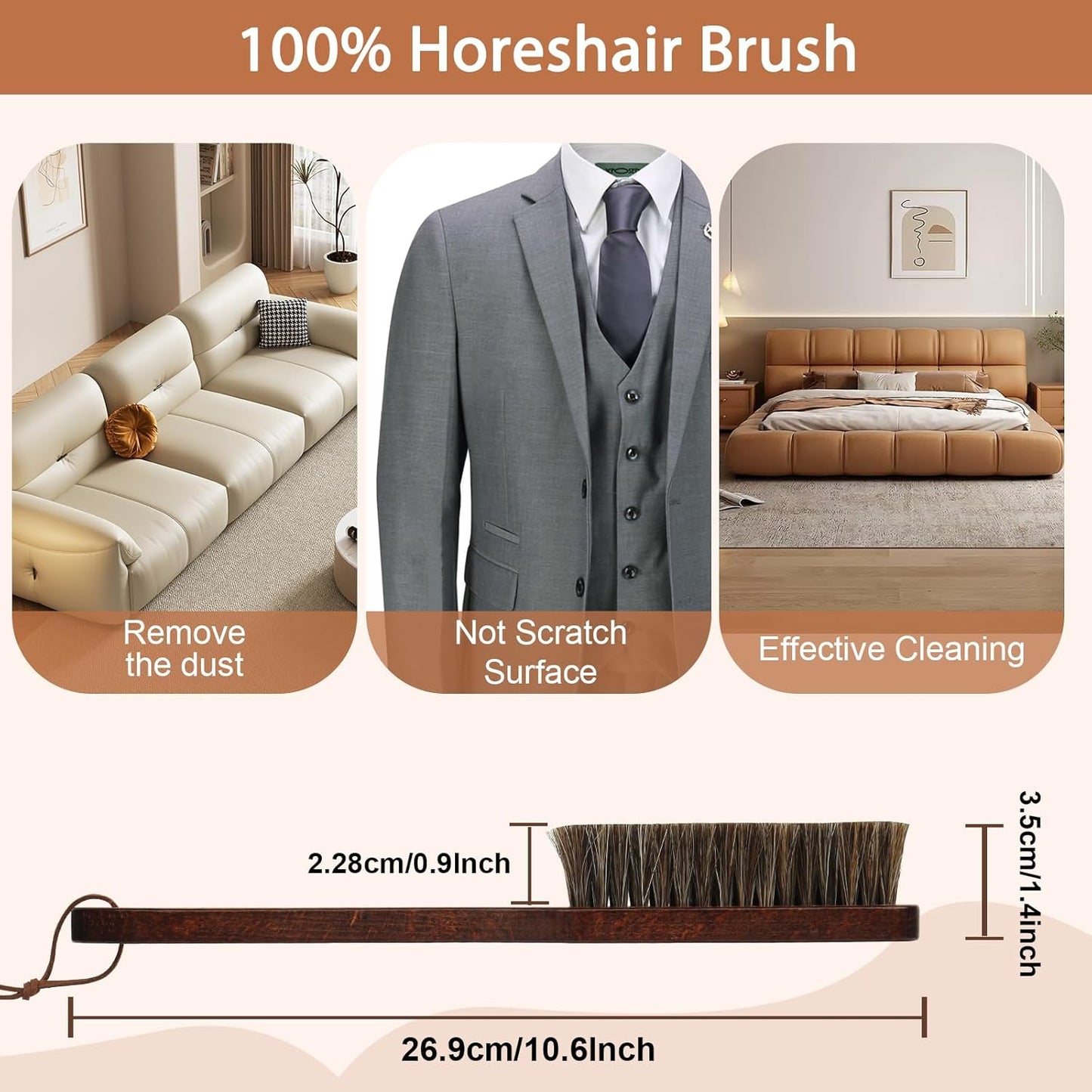 100% Horsehair Upholstery Brush for Cloth Lint Removal with Wood Handle Natural Horsehair Bristles Felt Brushes Horse Cleaning for Felt Cowboy Hat/Shoes/Cloth/Furniture Suit/Hat/Couch/Furniture/Bed