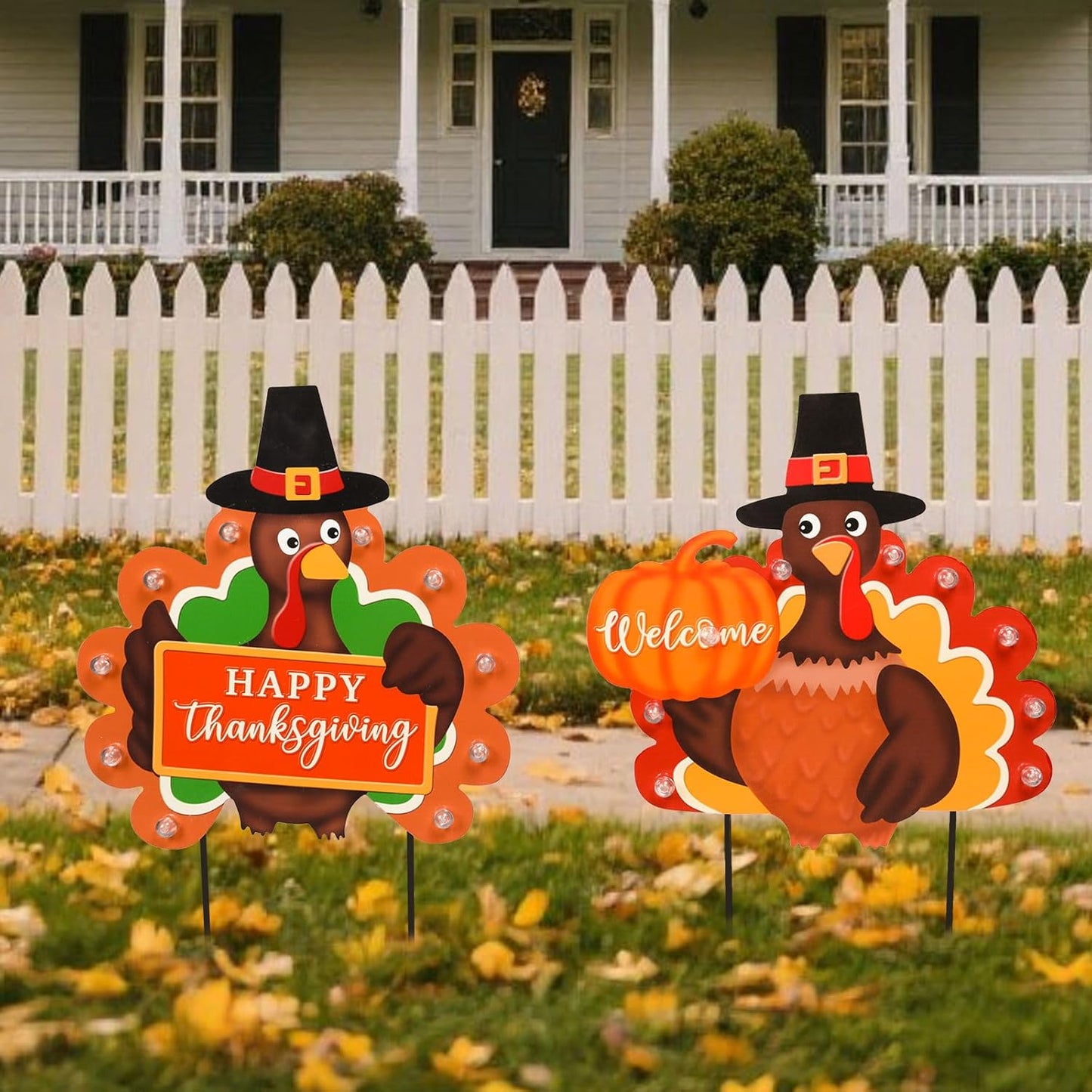 2 PCS Fall Decorations Outdoor Metal Happy Thanksgiving Decorative Garden Stakes with Led Light Welcome Pumpkin Turkey Yard Signs Fall Harvest Lawn Garden Lawn Pathway Decor
