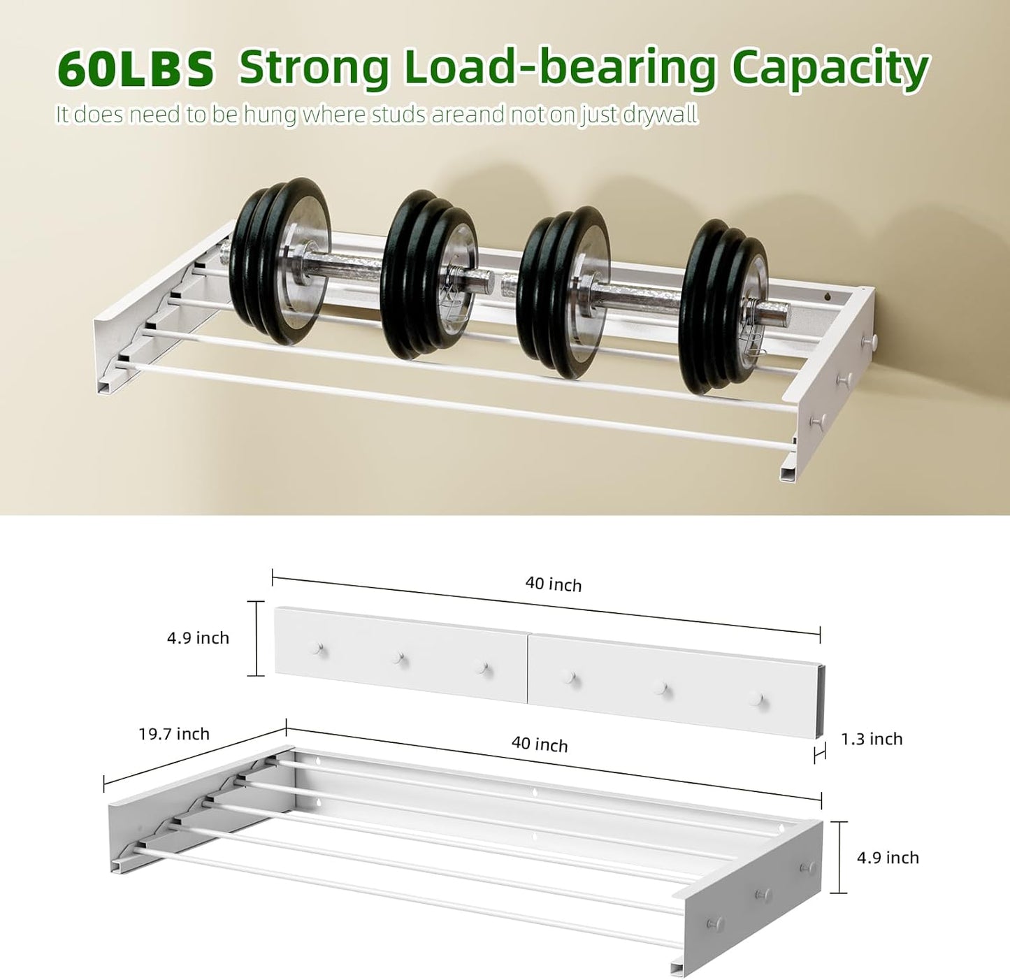 Wall Mounted Drying Rack for Laundry 40'', Folding Drying Rack Clothing Wall Mount with 5 Rods and 6 Hooks, Space Saving for Indoor Outdoor Bathroom Balcony (White, 40'')