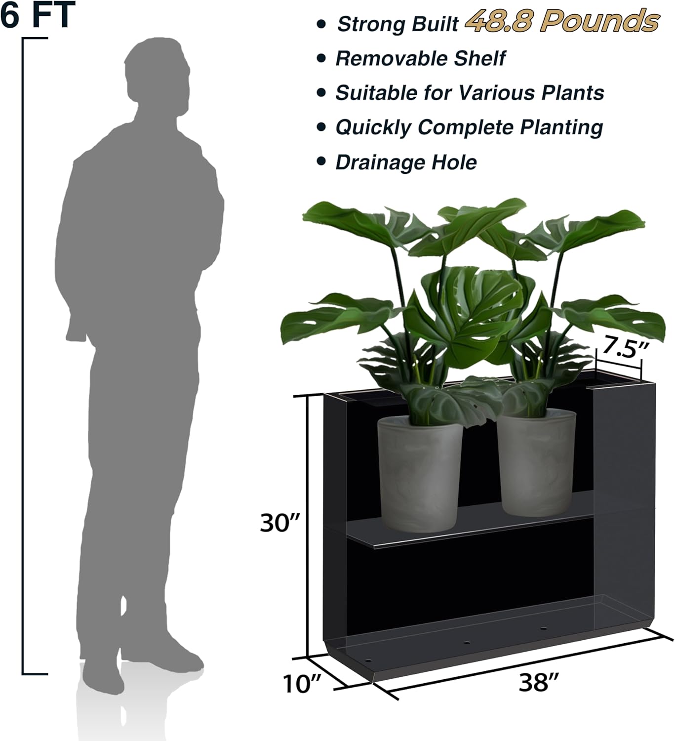 Metallic Heavy Planter for Outdoor Plants, 38Lx10Wx30H Inches Tall and Long Metal Divider Planter Box with Hand Brushed Gold Edge for Outside & Indoor, No Assembly (Black)