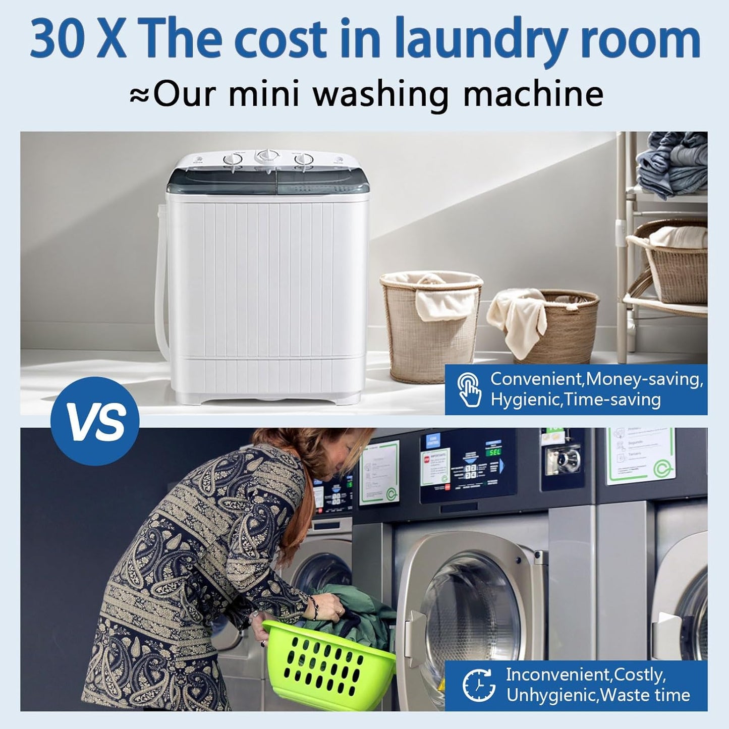 Portable Mini Twin Tub 22lbs Washing Machine With Drying Rack& 10 Hangers, 13lbs Washer & 9lbs Spinner, Small Laundry Washer with Time Control for Camping, Apartments, RV (22lbs)