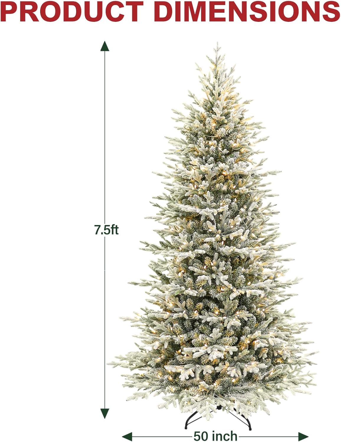 Hykolity 7.5 ft Prelit Snow Flocked Christmas Tree, 2933 PE&PVC Realistic Branch Tips, Artificial Twinkling Christmas Tree with 450 Warm White LED Lights, Metal Stand and Hinged Branches