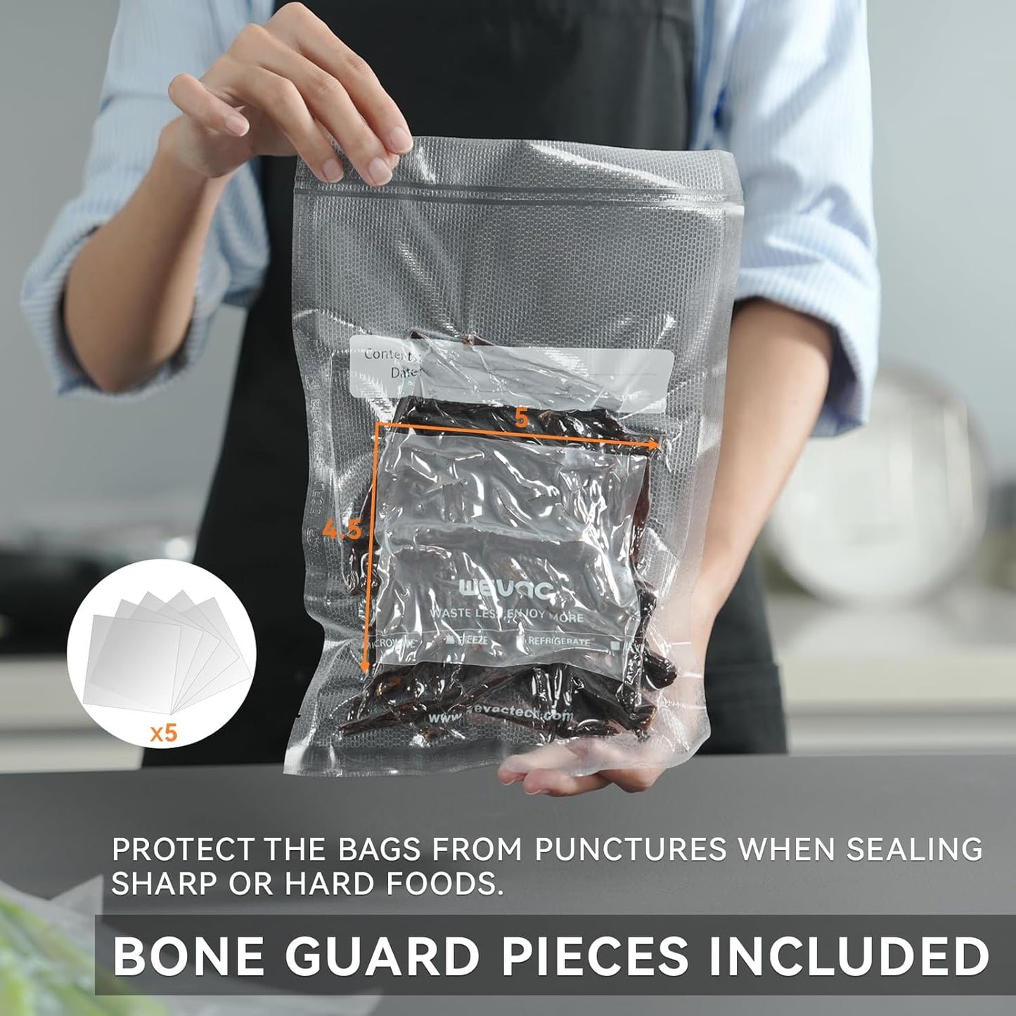 Wevac Vacuum Sealer Bags, 150 Gallon 11" x 16", and Quart 8" x 12" and Pint 6" x 10", 5 Liquid Block Bags & 5 Bone Guard Pieces, Heavy Duty for Food Storage, Sous Vide & Meal Prep