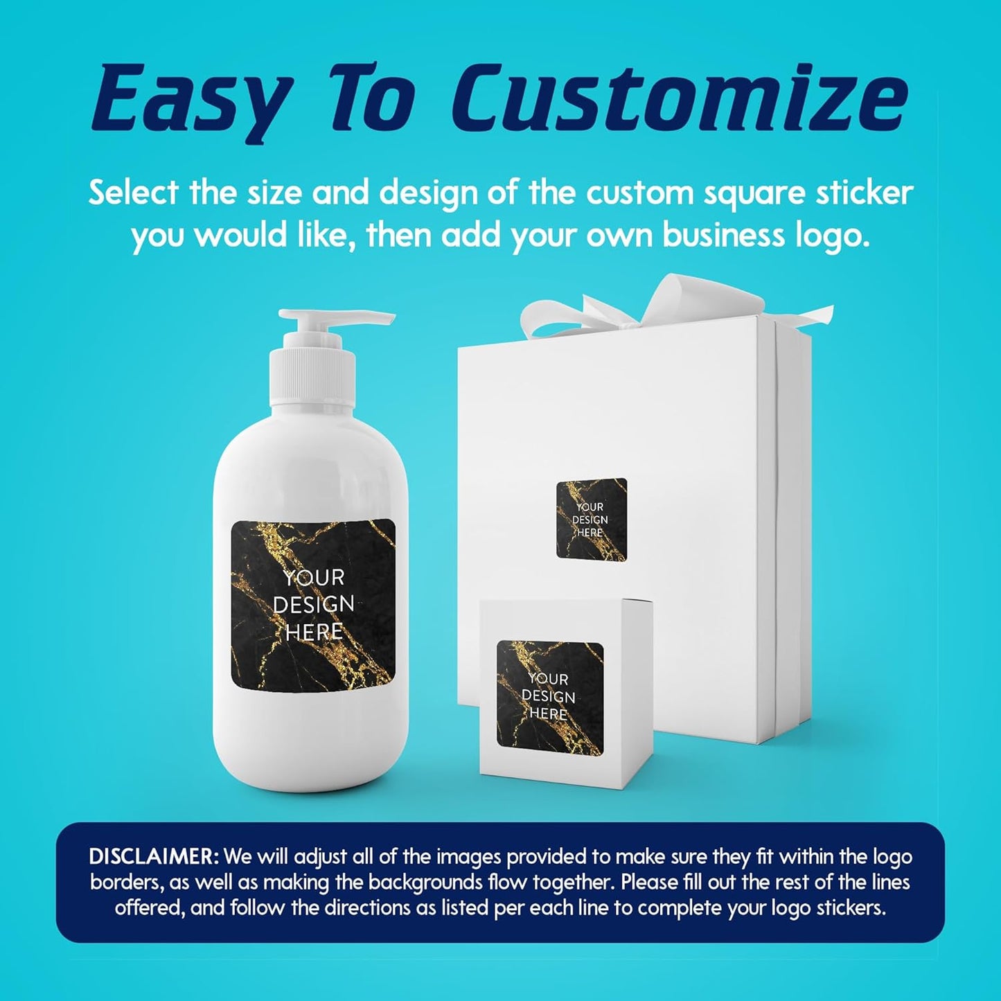 100 Custom Vinyl Stickers - Upload Your own Image, Text, Design, Logo - Personalized Logo Labels for Handmade, Packaging, Bottle, Jars, Candle, Brand Stickers (Black Gold Marble, 4x4 Square)