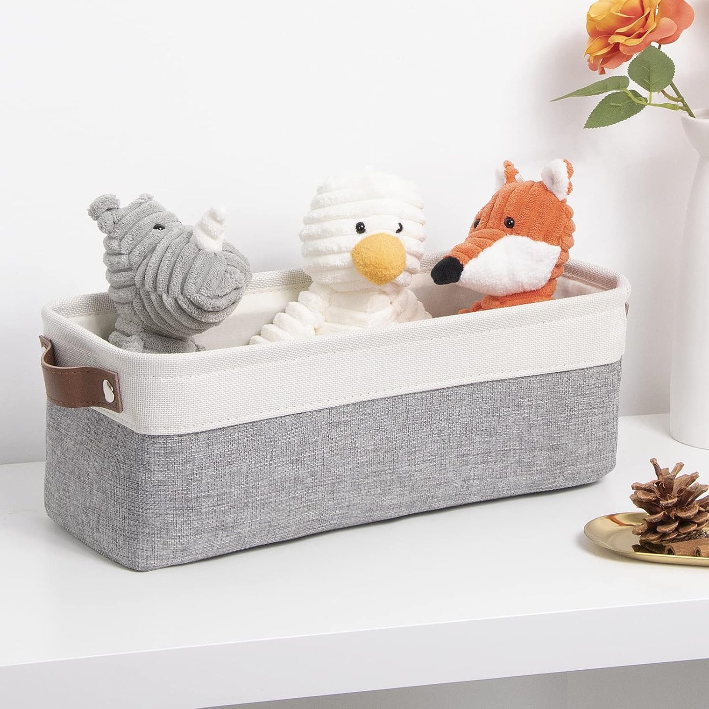 DULLEMELO Fabric Bathroom Storage Bin with Leather Handles, Narrow Organizer for Towels, Toilet Paper Rolls, Storage Basket for Back of Toilet, Vanities, Shelves & Cabinets (White&Gray)