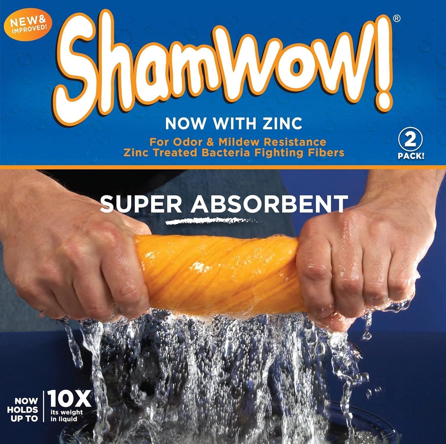 ShamWow Original Super Absorbent Multi-Purpose Cleaning Shammy Chamois Towel Cloth - Holds 10X its Weight in Liquid - Machine Washable - Will Not Scratch (2 Pack, Orange)