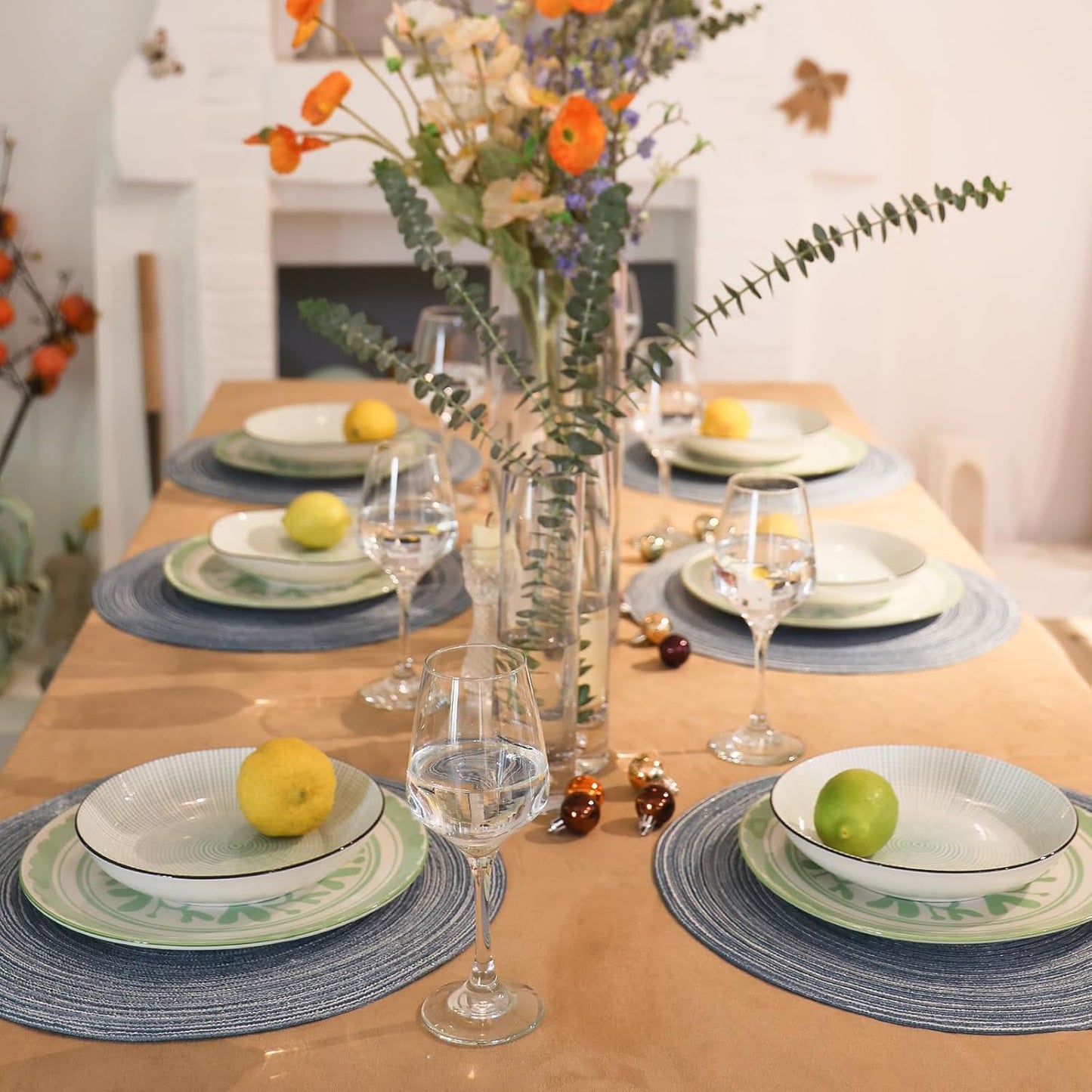 AHHFSMEI Round Braided Placemats Set of 6 Round Table Mats for Dining Tables Natural Woven Heat Resistant Place mats 15 Inch (Teal)