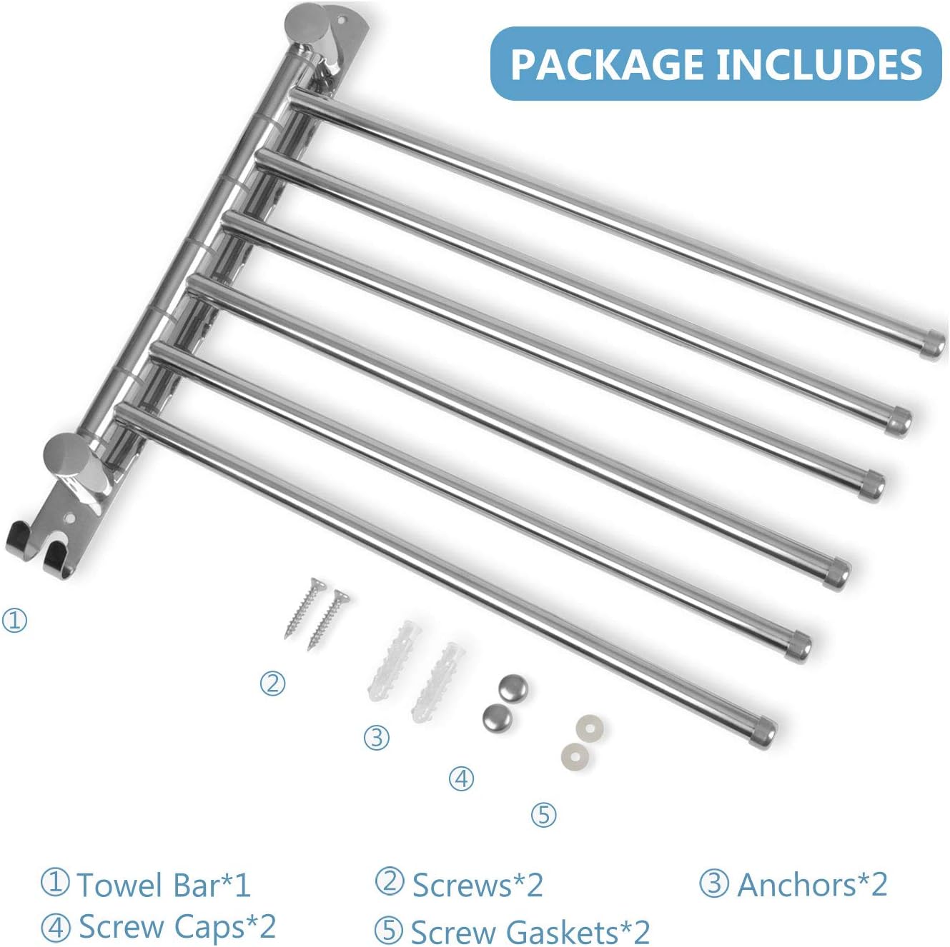 Towel Rack Wall Mounted JSVER Bathroom Towel Rack, Space Saving Towel Holder, Swivel SUS304 Stainless Steel Towel Bar, 180° Rotation 6 Arms Towel Racks for Bathroom