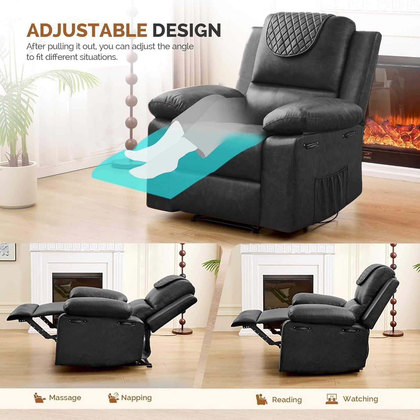 Recliner Chair with Electric Massage Adjustable Footrest & Heat, Manual Leather Recline for Adults Living Room Remote Control (Black)