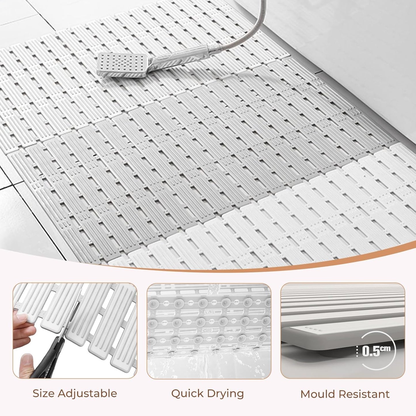 Bathtub Mat Non Slip for Bathroom with Suction Cups and Drain Holes 35.4 * 15.7 Inch Shower Mat for Inside Shower, Quick Dry Bath Mat for Baby Kids Seniors, Easy to Cut, Easy Dry