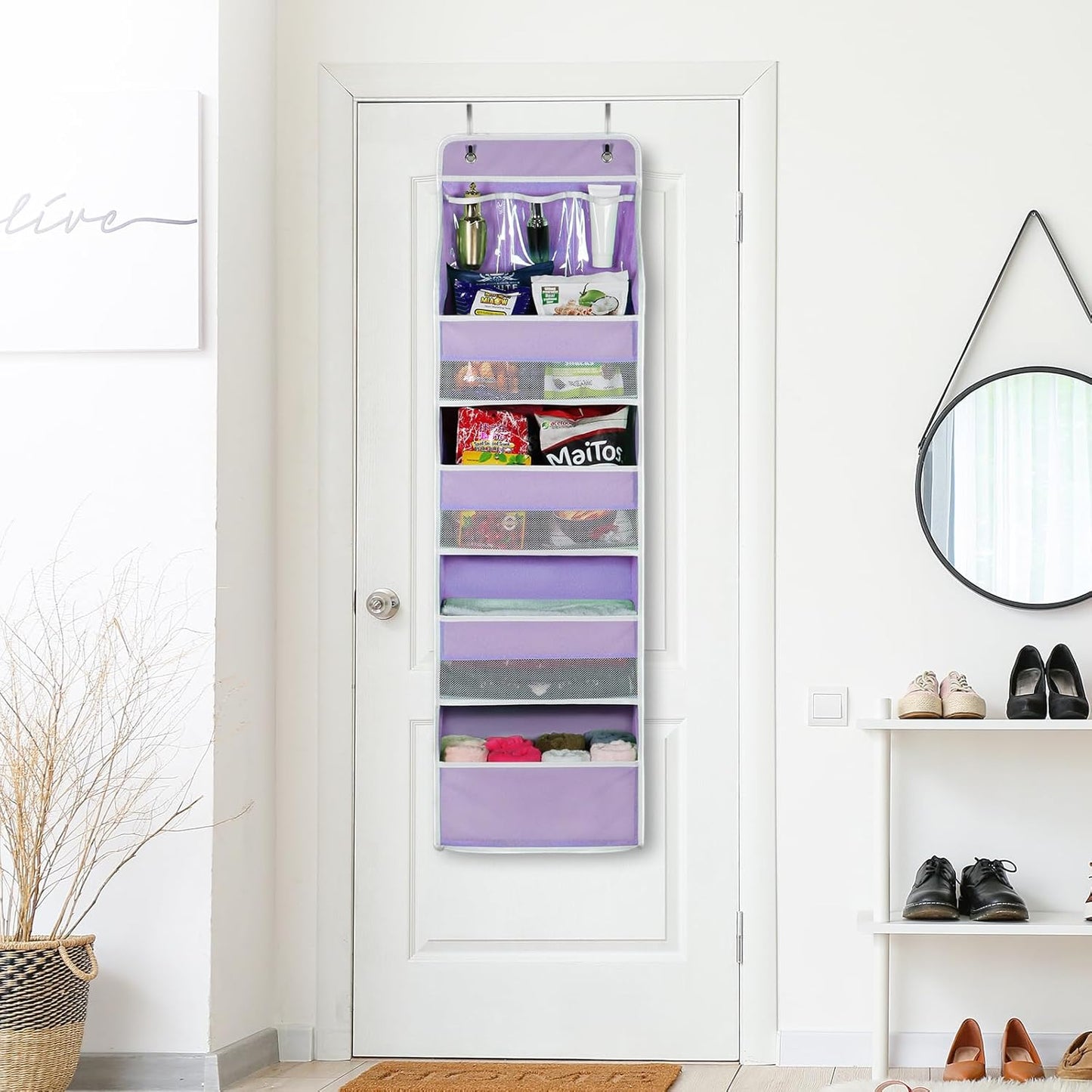 Univivi 5-Shelf Fabric Door Storage Over Door Hanging Organizer with 4 Large Pockets and 3 Small PVC Pockets Nursery Closet Cabinet Wall Mount Hanging Storage Organizers for Baby Nursery (Purple)