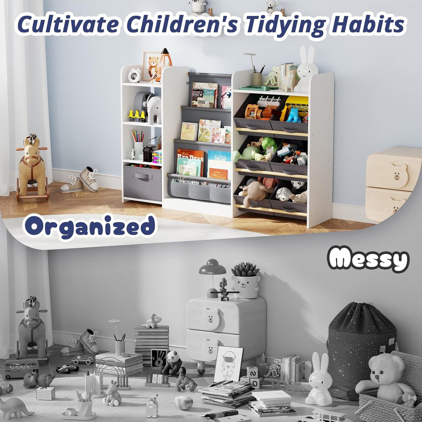 Kids Toy Book Storage Organizer - Large Bookshelf with 7 Removable Bins, Baby Bookshelf and Toy Storage, 4-Tier Book Shelf for Kids Room, Playroom, Classroom, 51 inch, White