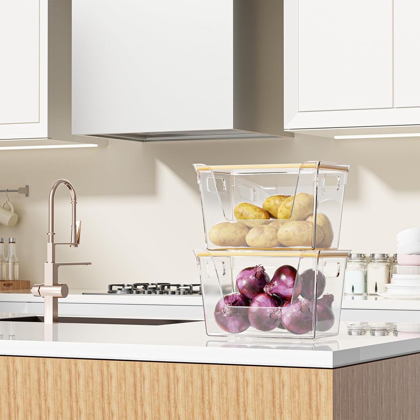 2 Pack Stackable Storage Trash Bag Holder with Bamboo Top, Large Garbage Trash Bag Dispenser, laundry room organization, Kitchen Pantry Organizer Storage for Onion, Potato, Snack