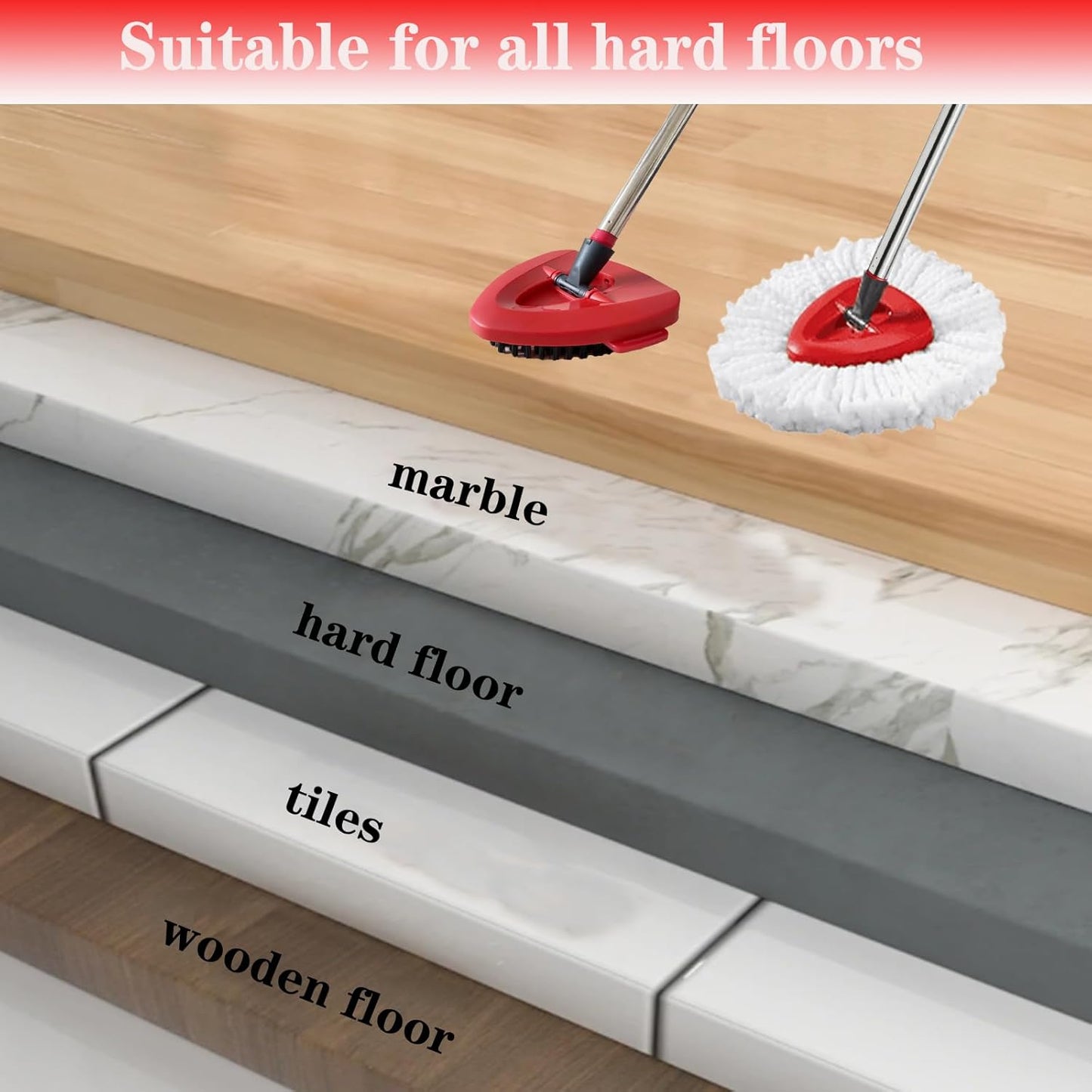 Spin Mop Replacement Head Mop Replace Head Compatible with O Cedar EasyWring Spin Mop - 4 O-Ceda Mop Refills、30-58in Mop Handle and 1 Mop Base and 1 Mop Base Scrub Brush Combo Set