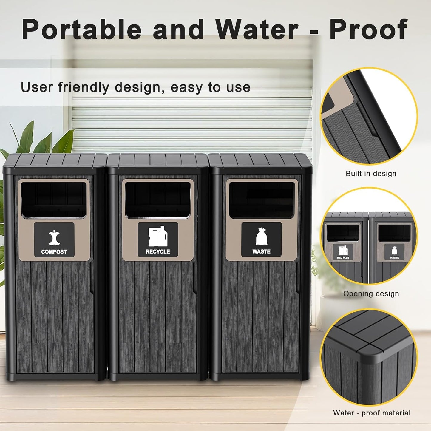 ROJIK 35" Tall Outdoor Trash Can,Weatherproof Resin Garbage Indoor Durable Lightweight,Suitable for Patio Office Kitchen,Easy to Clean,Assemble(Waste&Recycle&Composter, Black)
